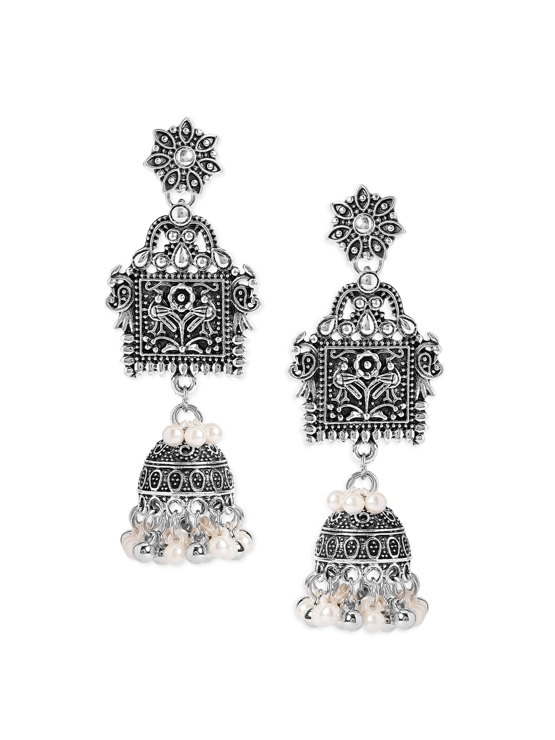 

TOKYO TALKIES X rubans FASHION ACCESSORIES Silver-Toned & White Contemporary Jhumkas Earrings