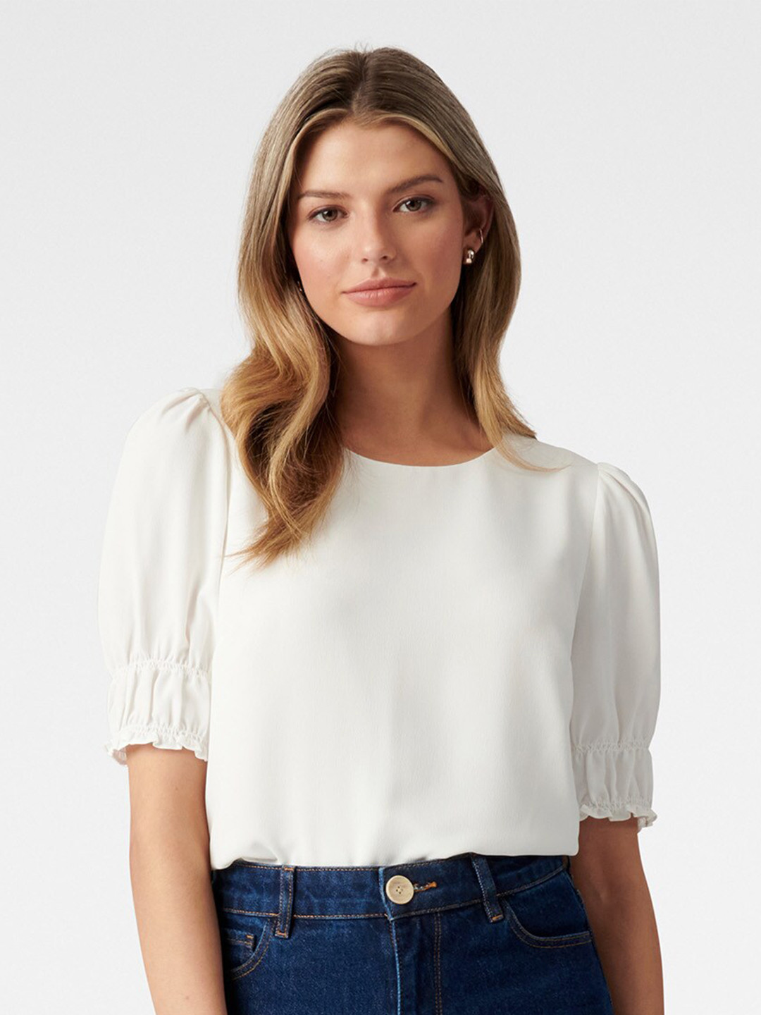 

Forever New White Solid Puff Sleeve Top