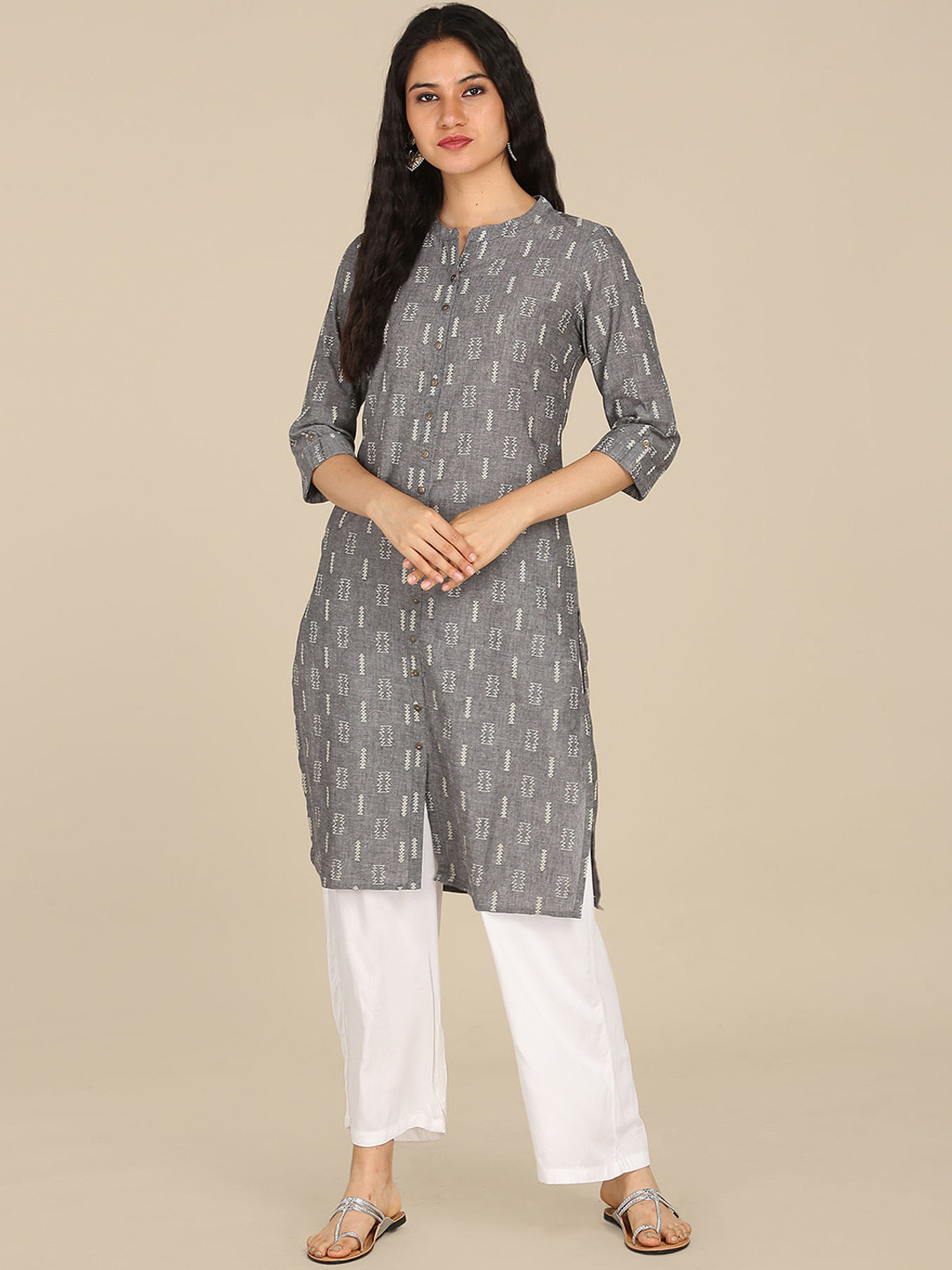 

Karigari Women Grey Mandarin Neck Printed Kurta