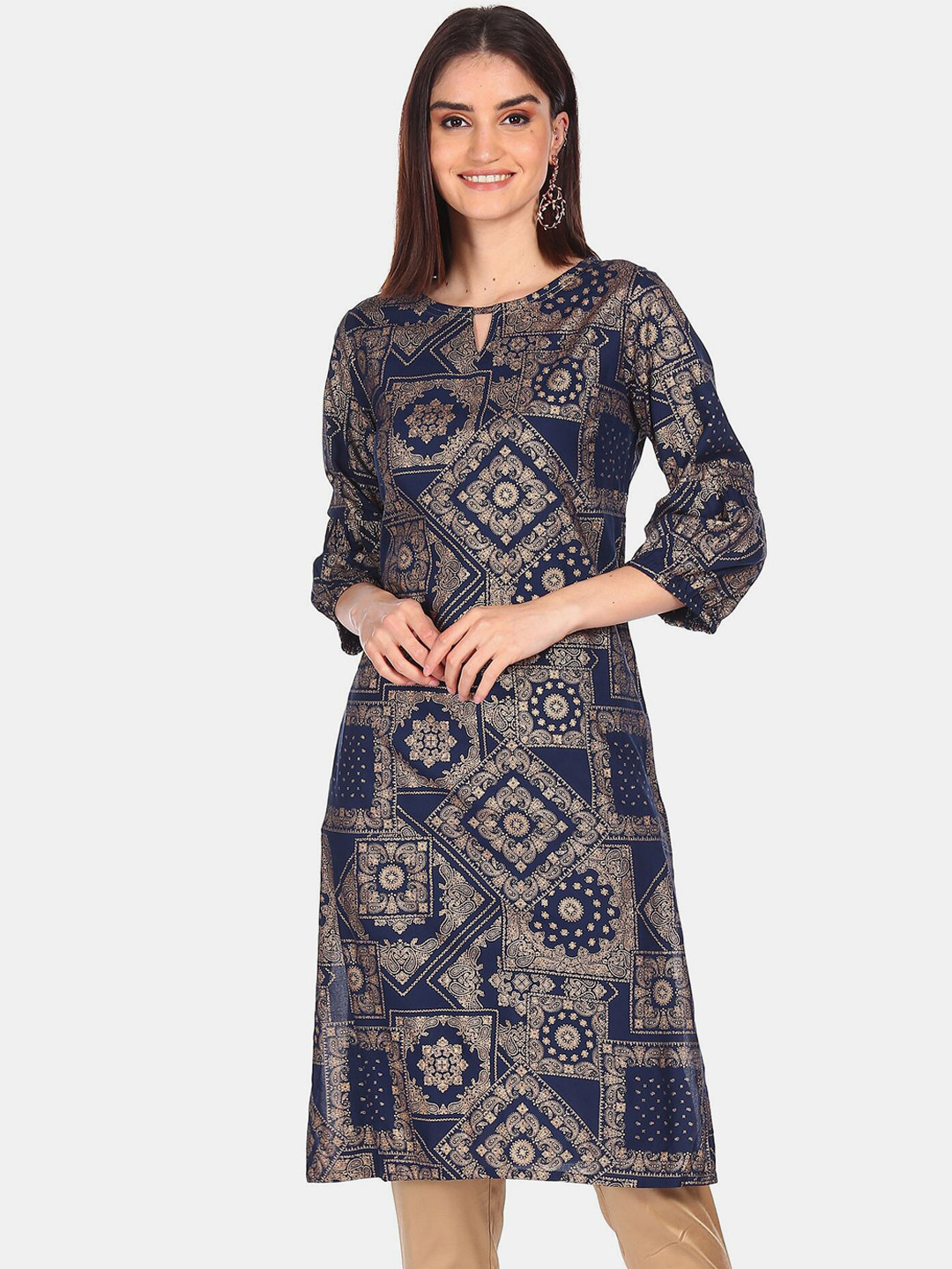

Karigari Women Navy Blue Ethnic Motifs Printed A-Line Kurta