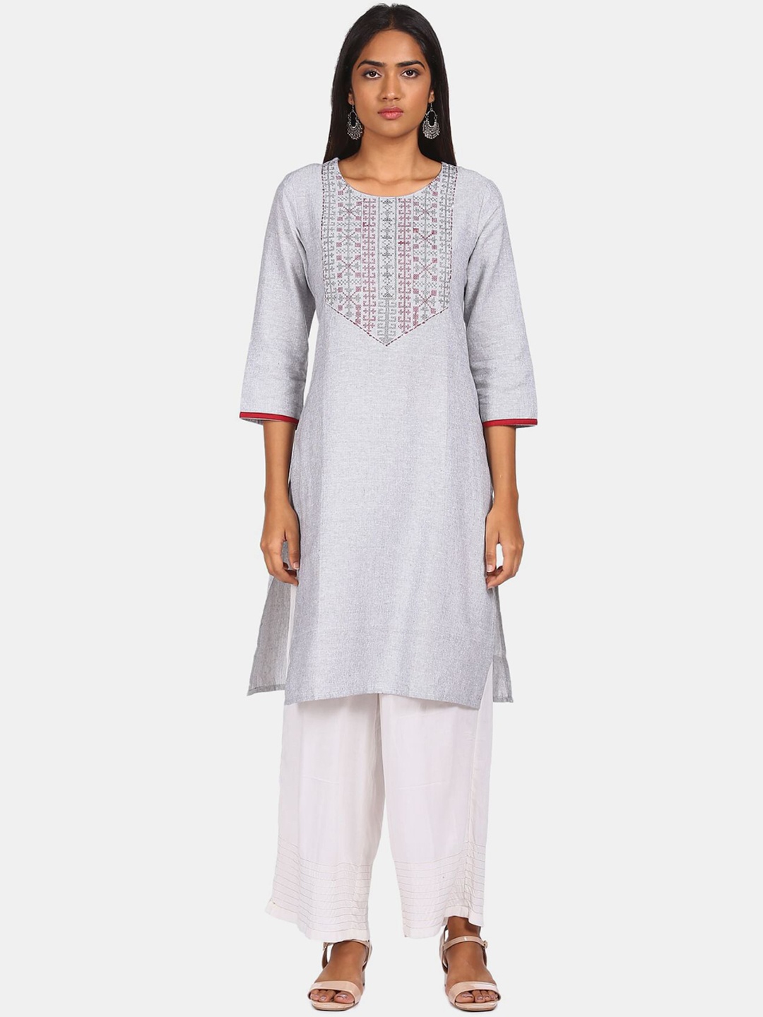 

Karigari Women Grey & Pink Ethnic Motifs Embroidered Flared Sleeves Kurta