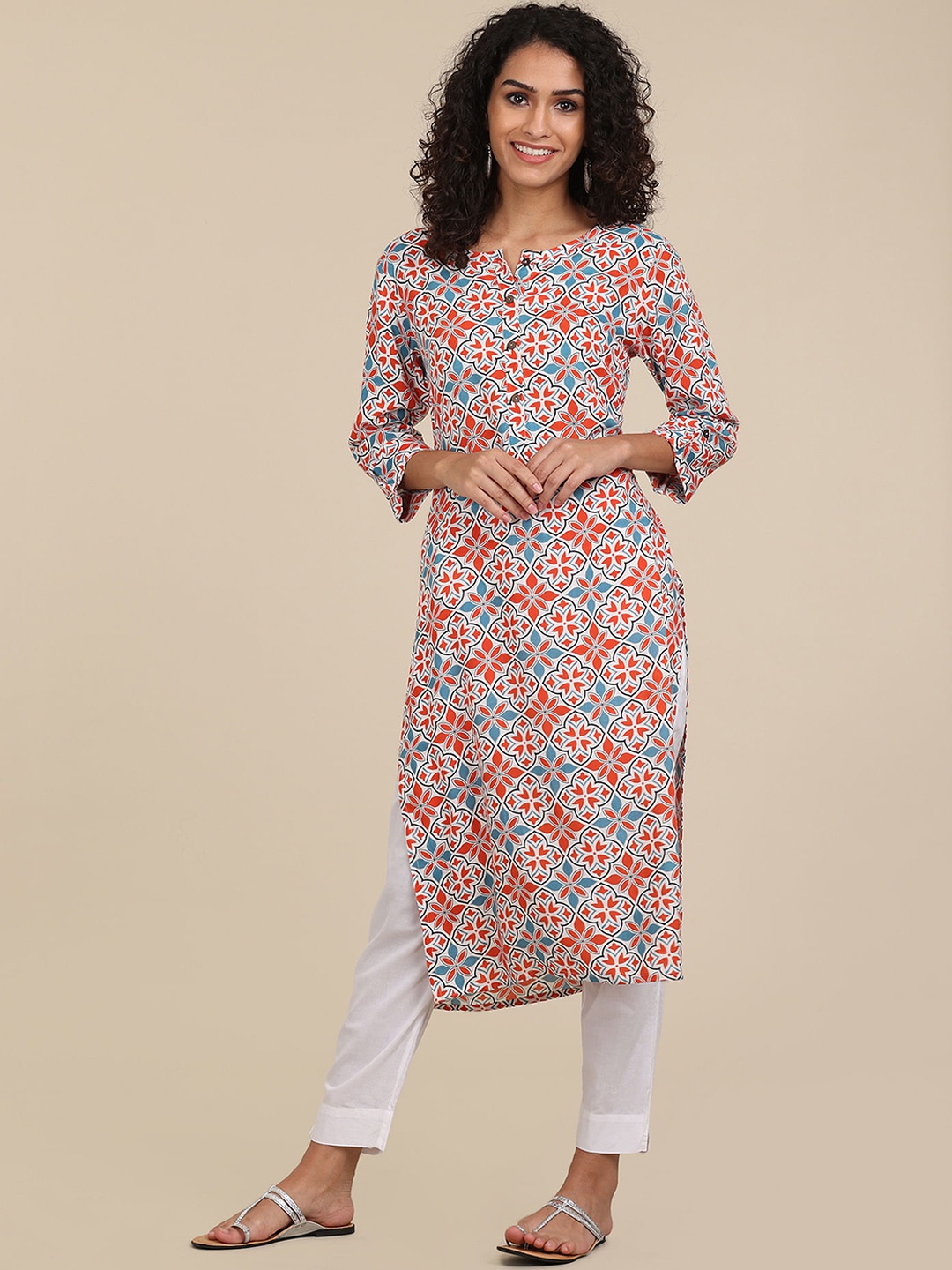 

Karigari Women White & Red Ethnic Motifs Printed Flared Sleeves Kurta