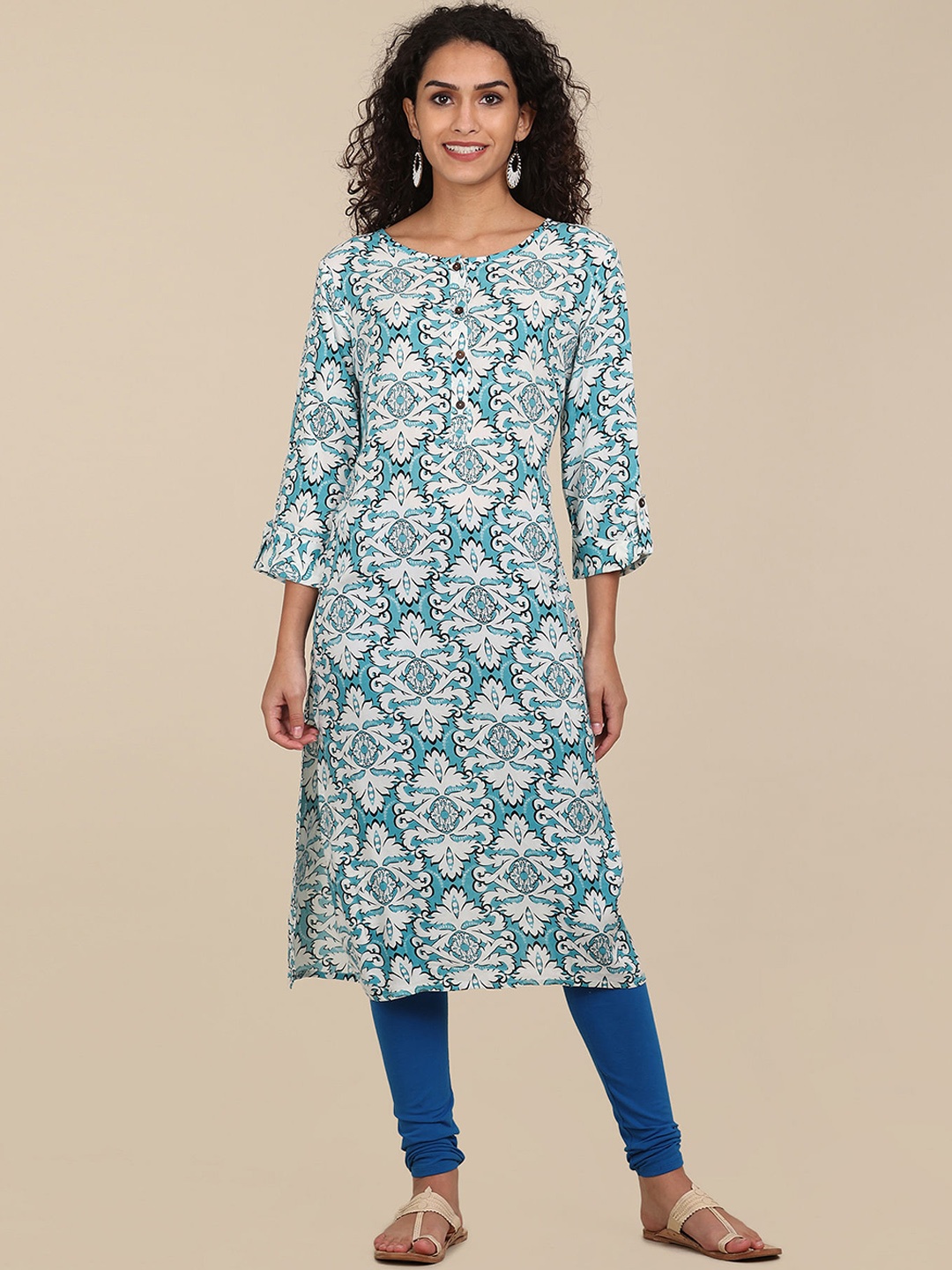 

Karigari Women Blue & White Ethnic Motif Printed Roll-Up Sleeves Kurta
