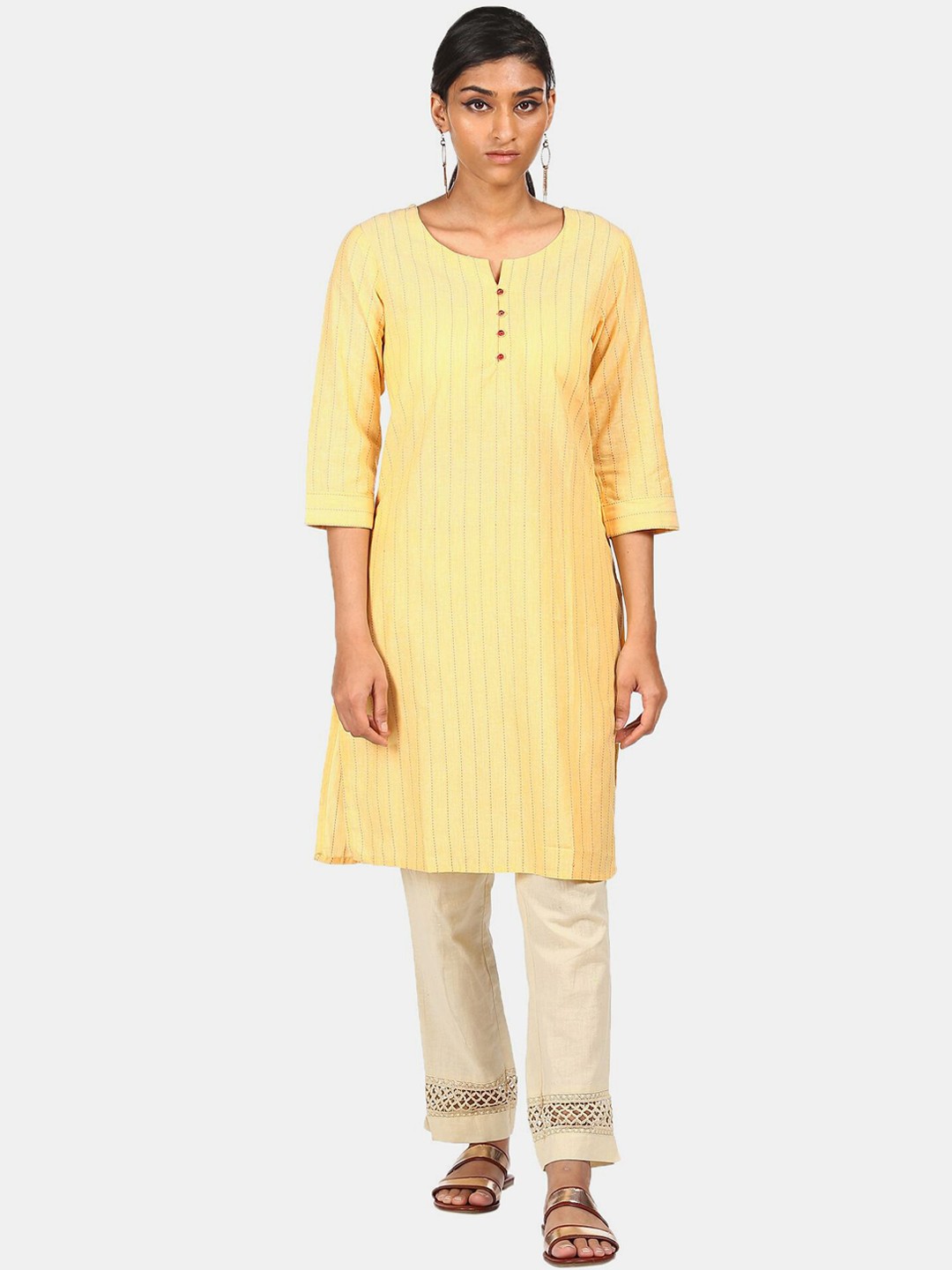 

Karigari Women Yellow & Grey Striped Kurta