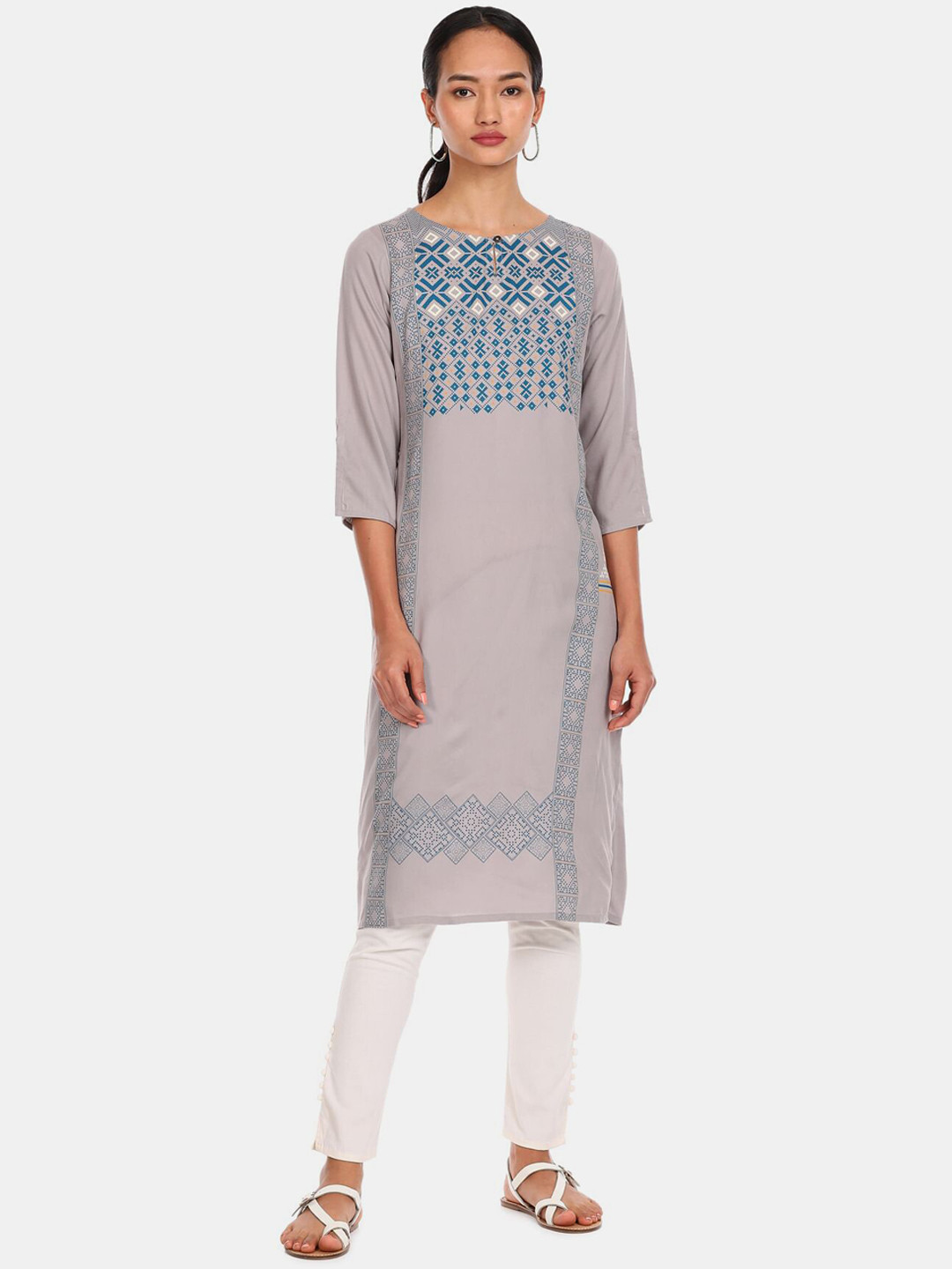 

Karigari Women Grey & Blue Geometric Yoke Design Straight Kurta