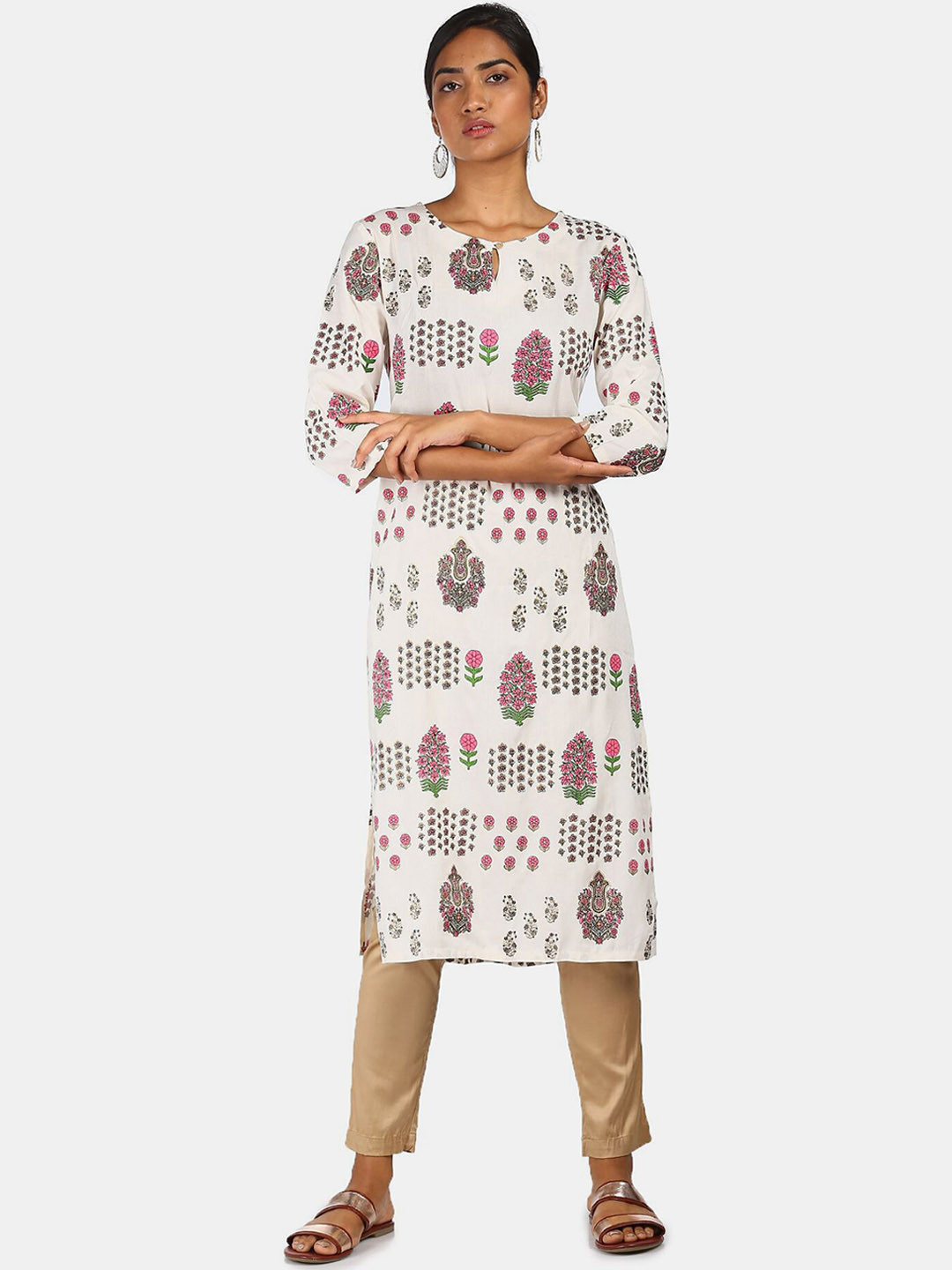 

Karigari Women White & Green Floral Printed Kurta