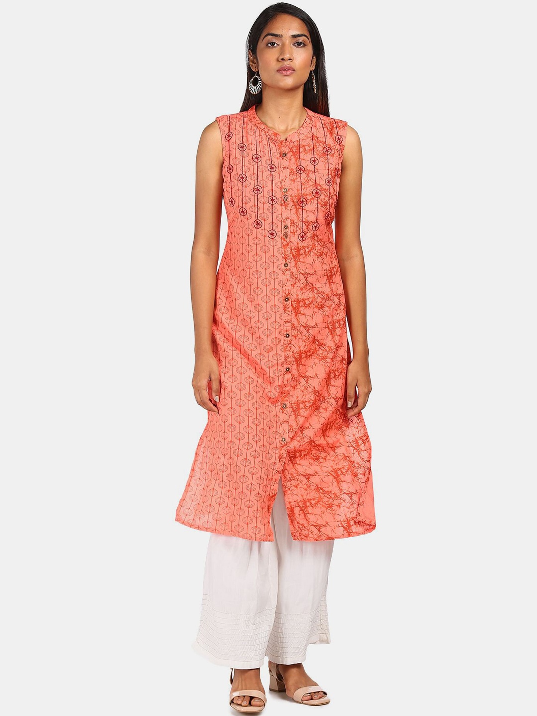 

Karigari Women Peach & Red Abstract Printed A-Line Kurta