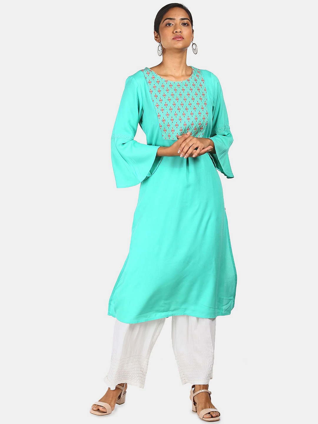 

Karigari Women Blue Yoke Design Flared Sleeves Thread Work Kurta