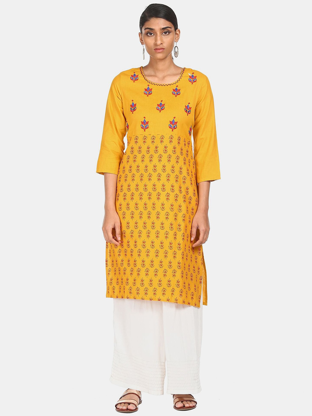 

Karigari Women Yellow Ethnic Motifs Embroidered Kurta