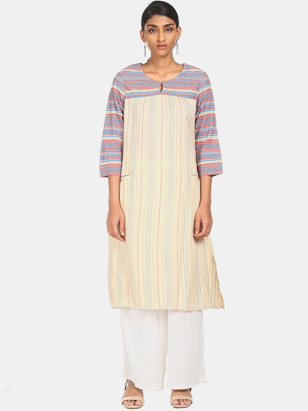 

Karigari Women Beige & Blue Striped Kurta