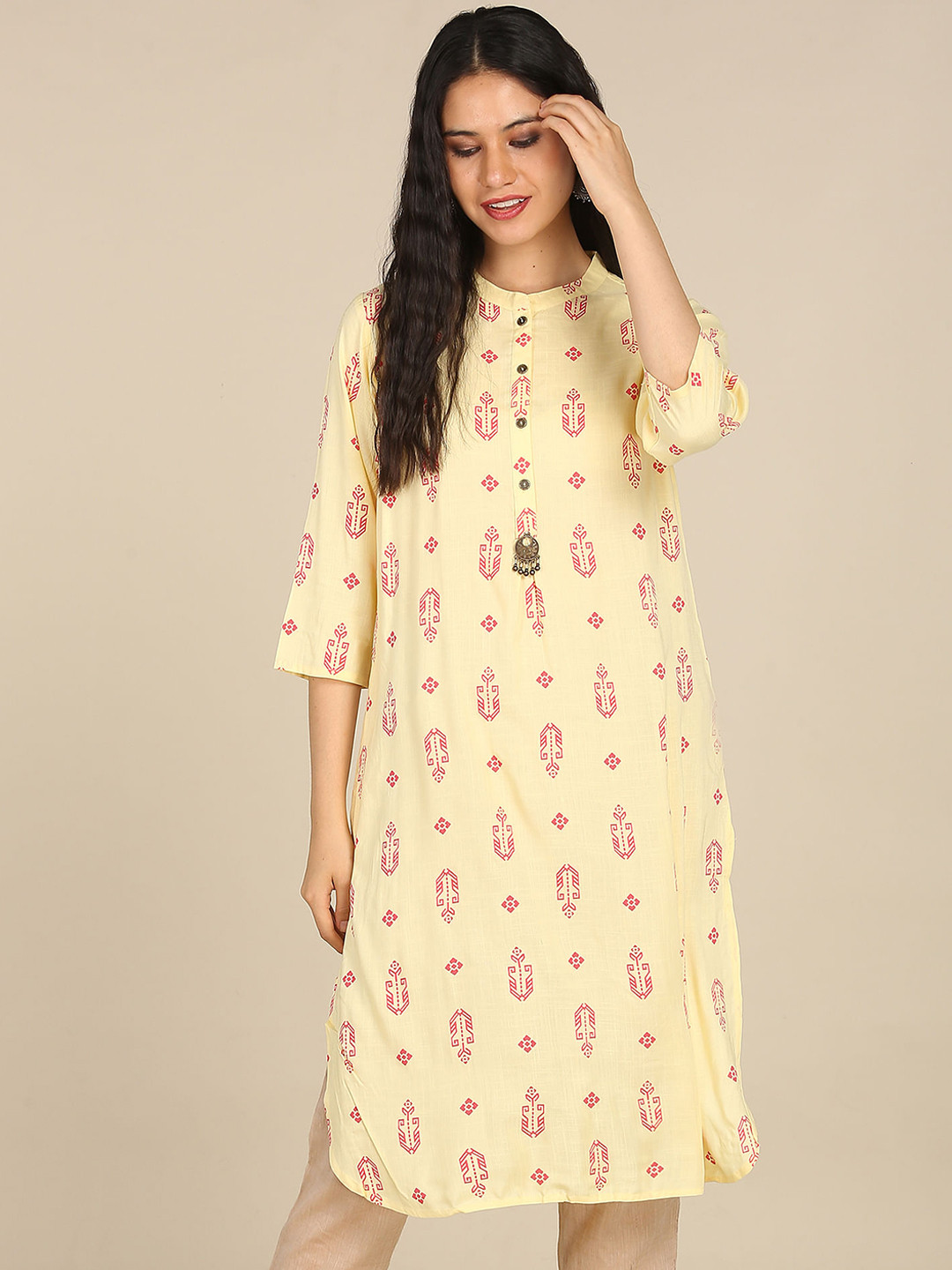 

Karigari Women Yellow Ethnic motifs Printed A-line Kurta