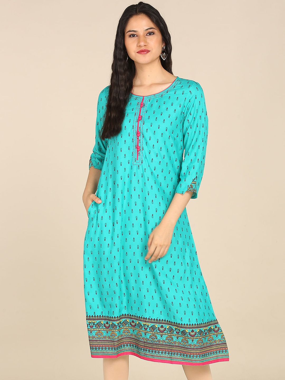

Karigari Women Blue & Pink Abstract Printed Kurta