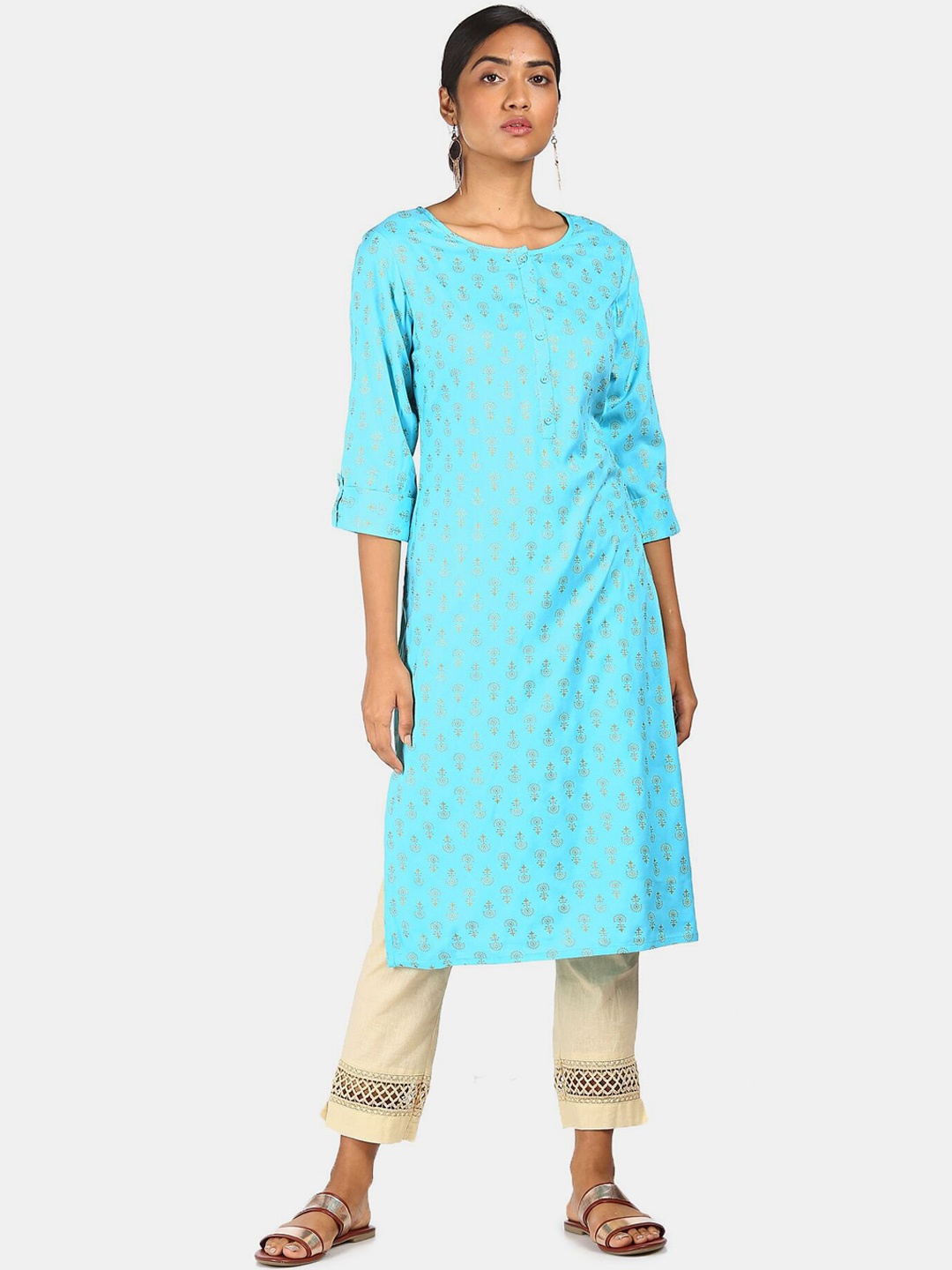 

Karigari Women Blue Ethnic Motifs Printed Thread Work Kurta