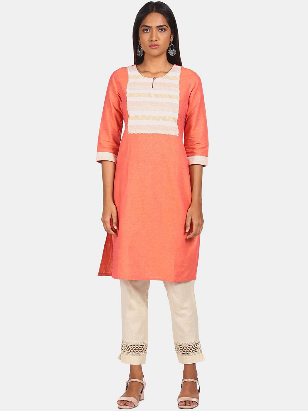 

Karigari Women Orange Yoke Design Keyhole Neck Kurta