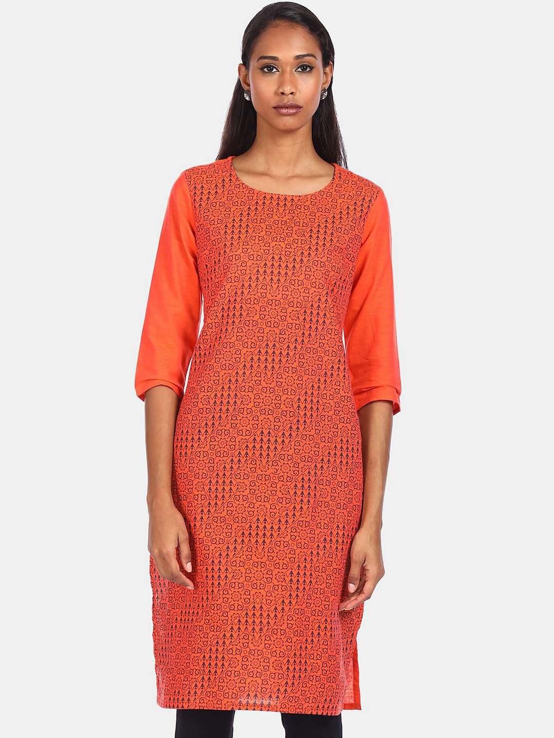 

Karigari Women Orange & Navy Blue Ethnic Motif Printed Kurta