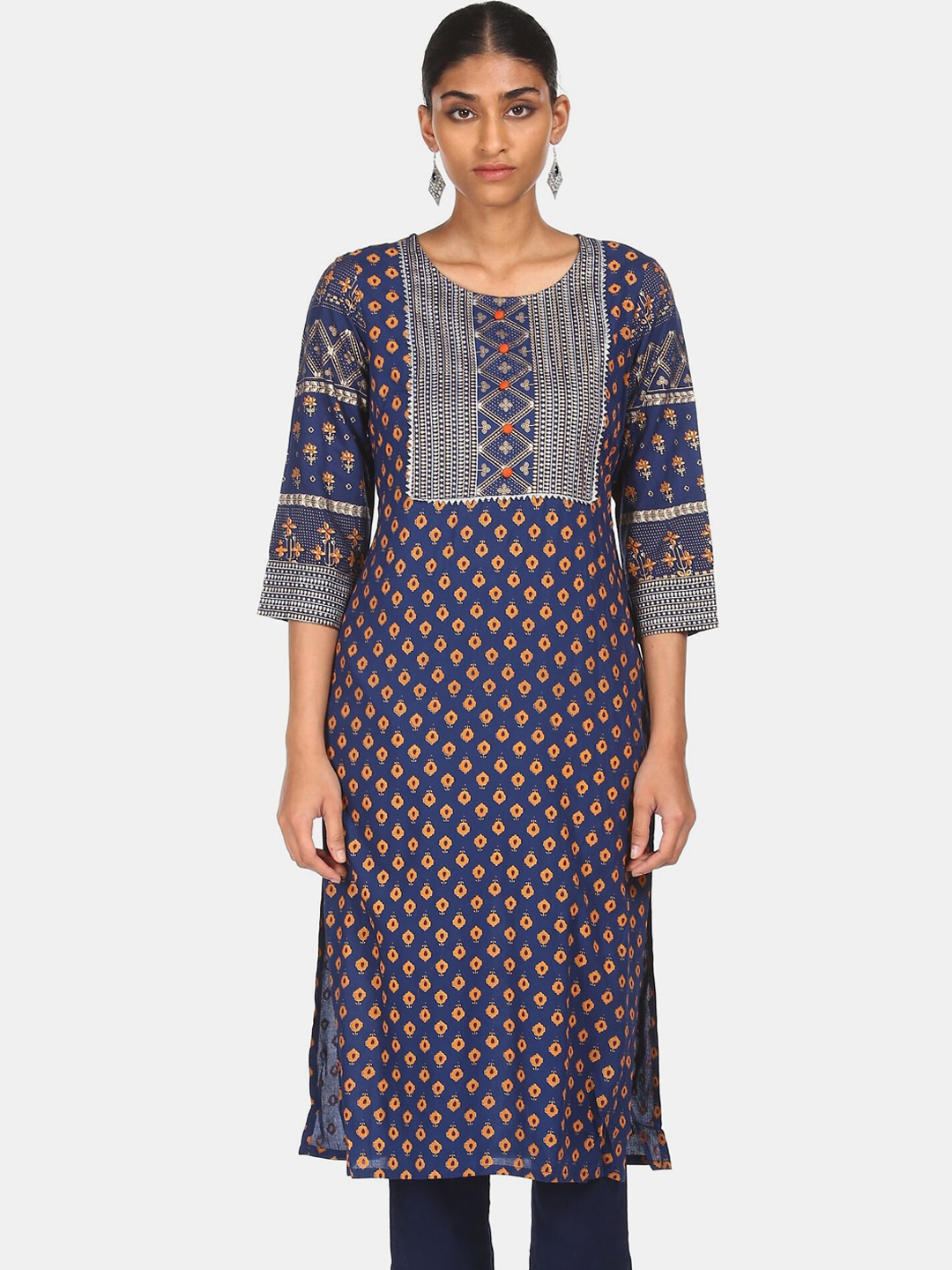 

Karigari Women Blue Printed Applique Kurta