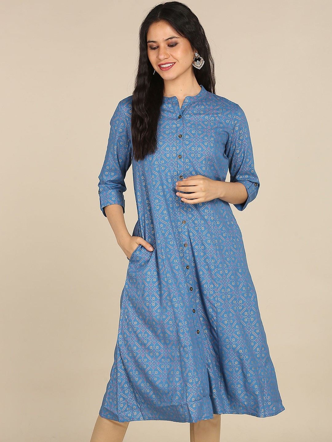 

Karigari Women Blue Printed Ethnic motif A-line Regular Sleeves Kurta
