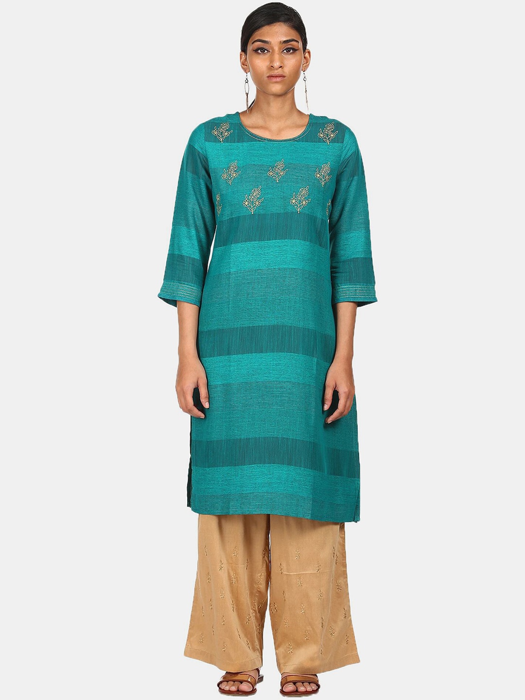 

Karigari Women Green Striped Embroidered Kurta