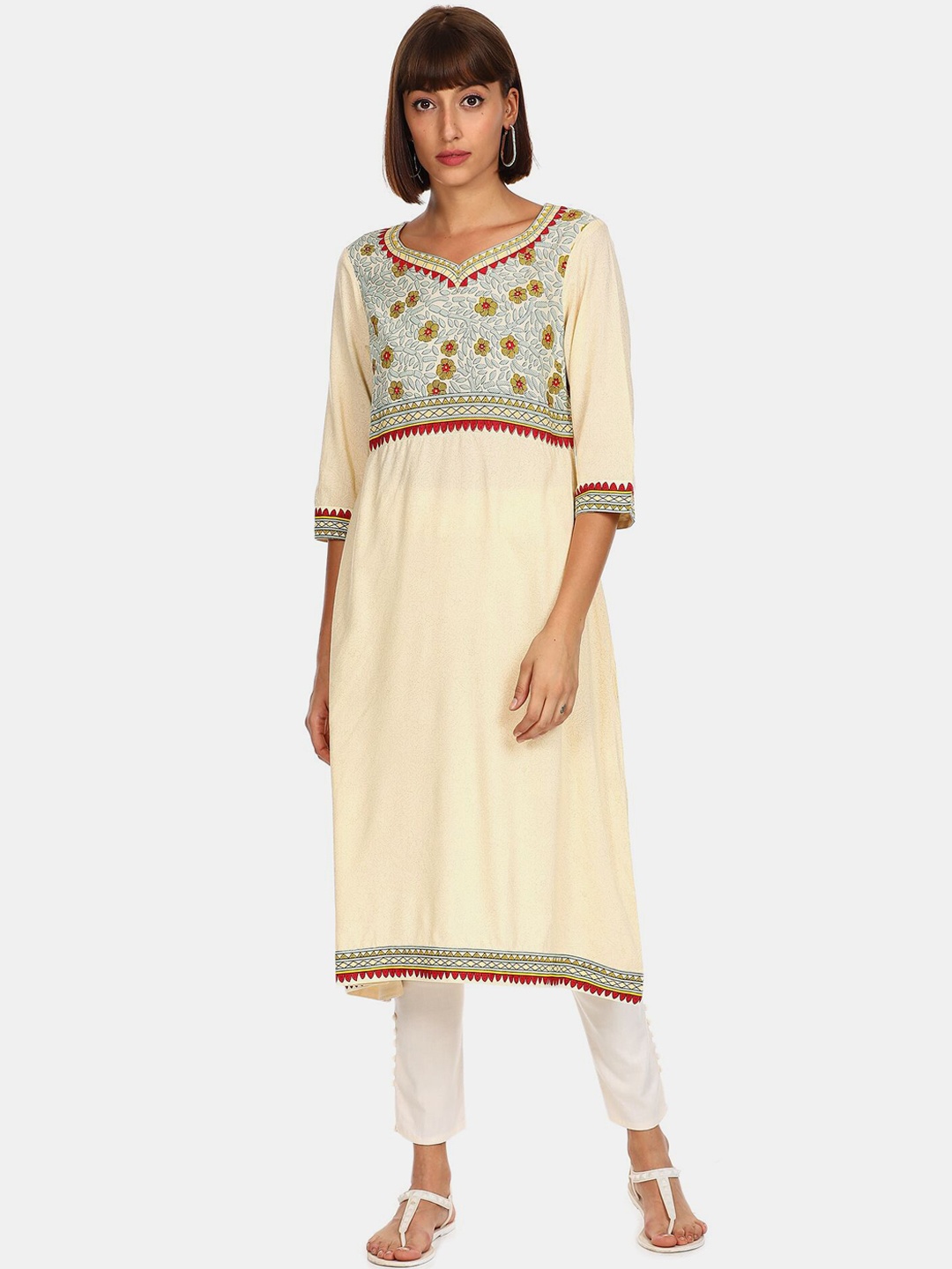 

Karigari Women Off White & Green Floral Printed Kurta