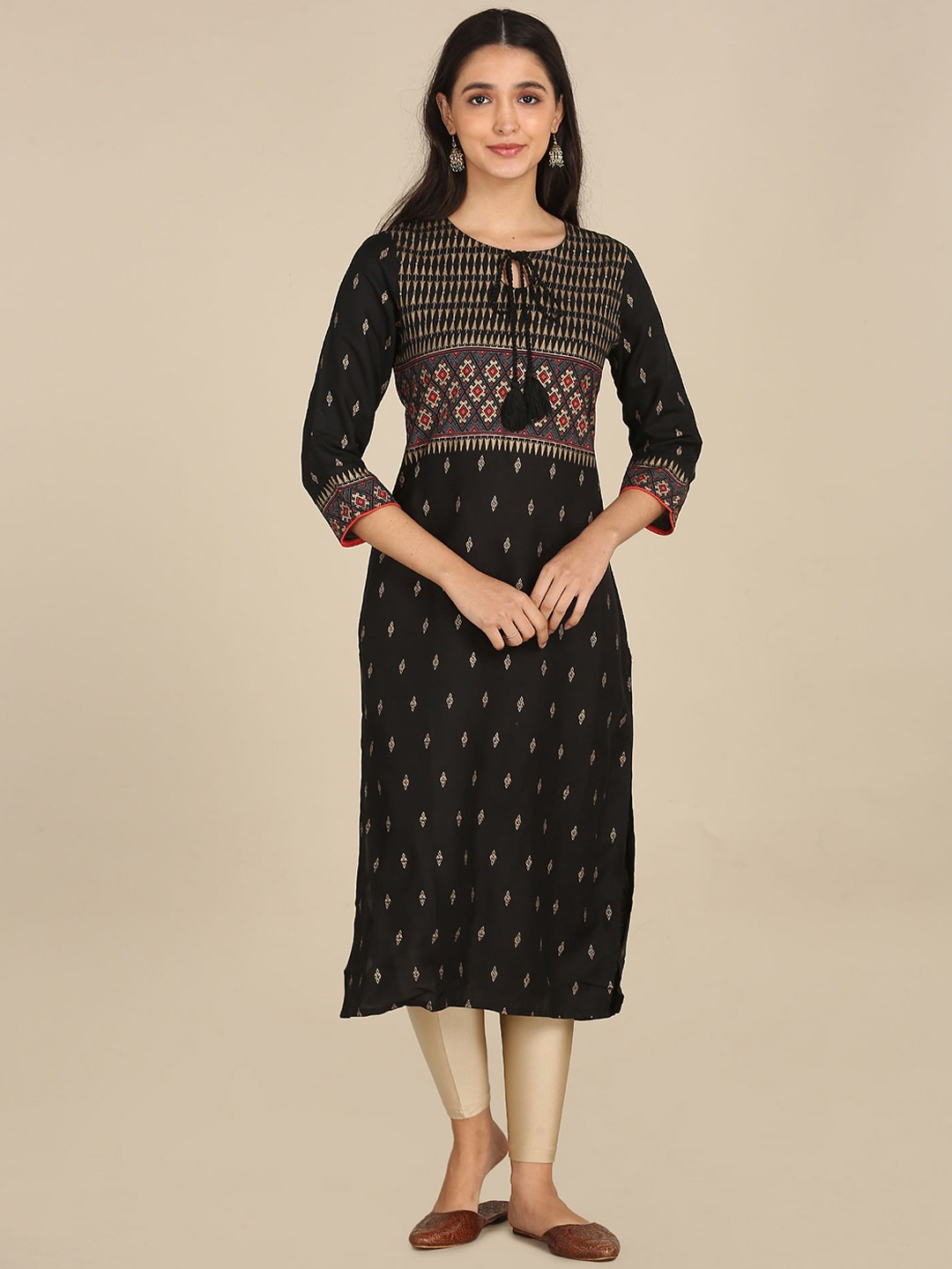 

Karigari Women Black & Gold-Toned Ethnic Motifs Printed Kurta