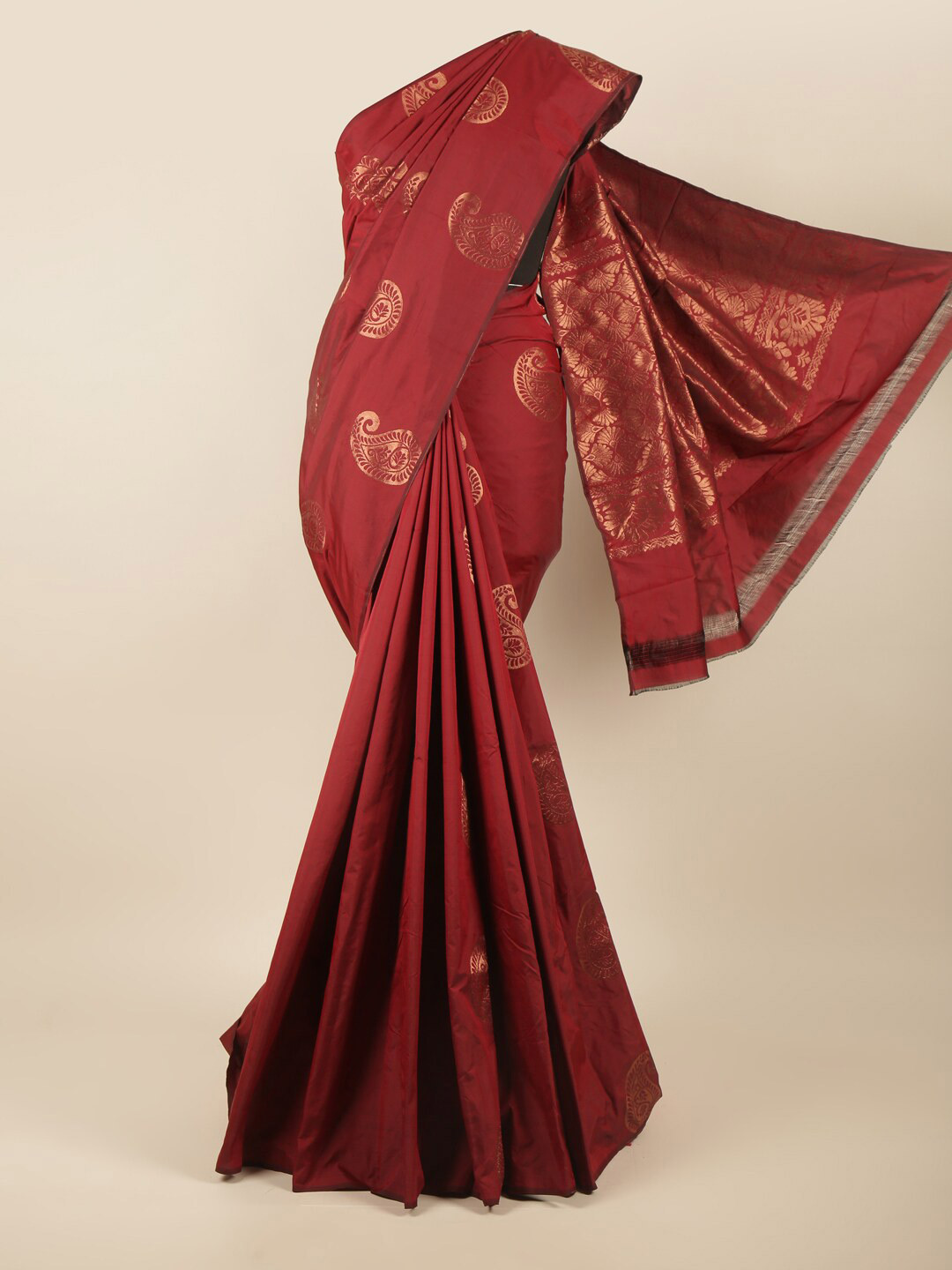 

Pothys Maroon & Gold-Toned Woven Design Zari Silk Cotton Saree