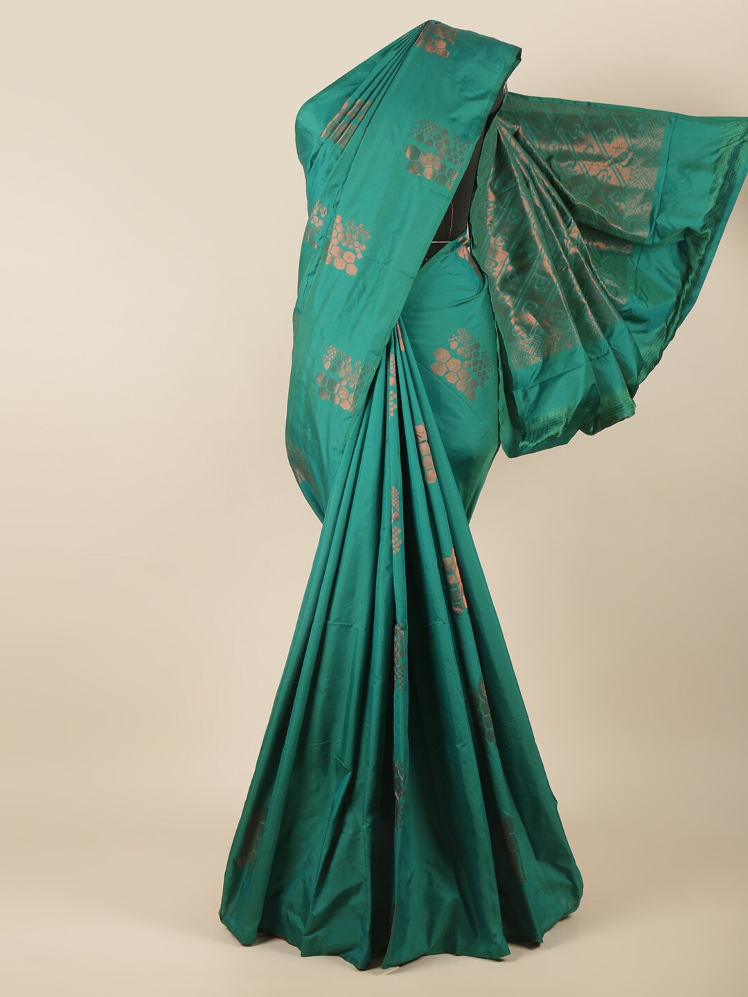 

Pothys Green & Gold Toned Woven Design Silk Cotton Saree