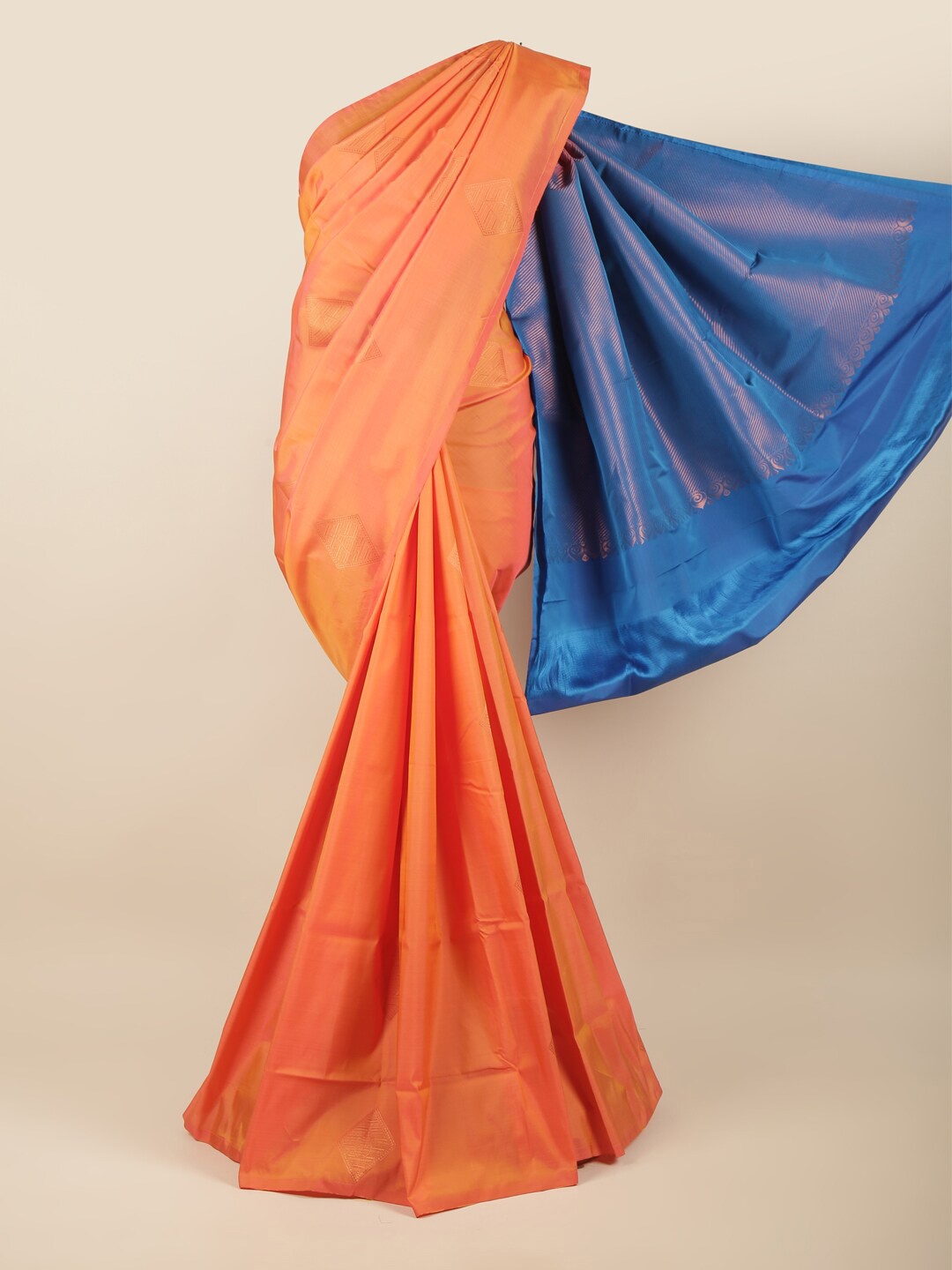 

Pothys Orange, Blue & Copper-Toned Ethnic Motifs Zari Art Silk Saree