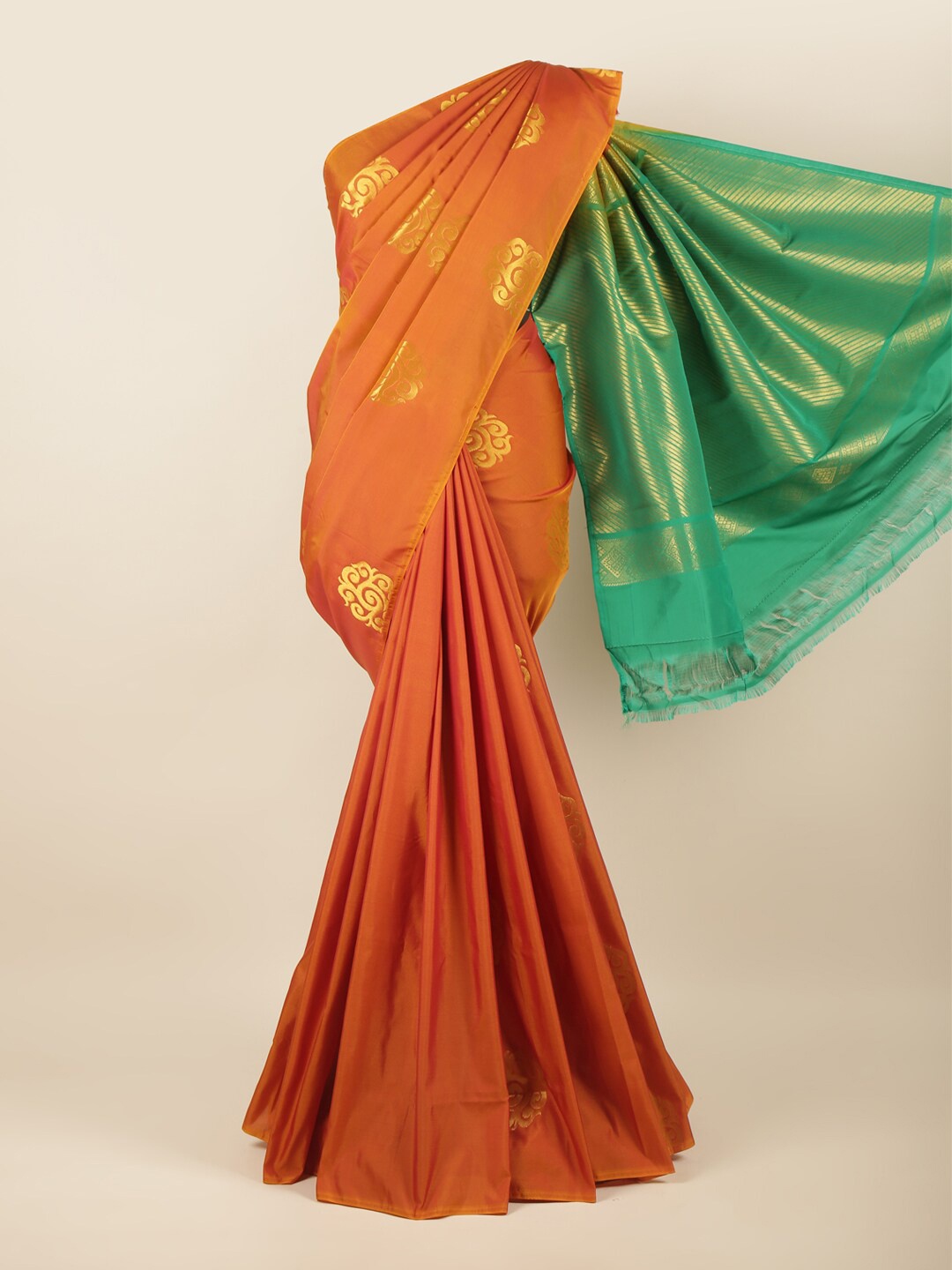 

Pothys Orange & Green Ethnic Motifs Zari Art Silk Saree
