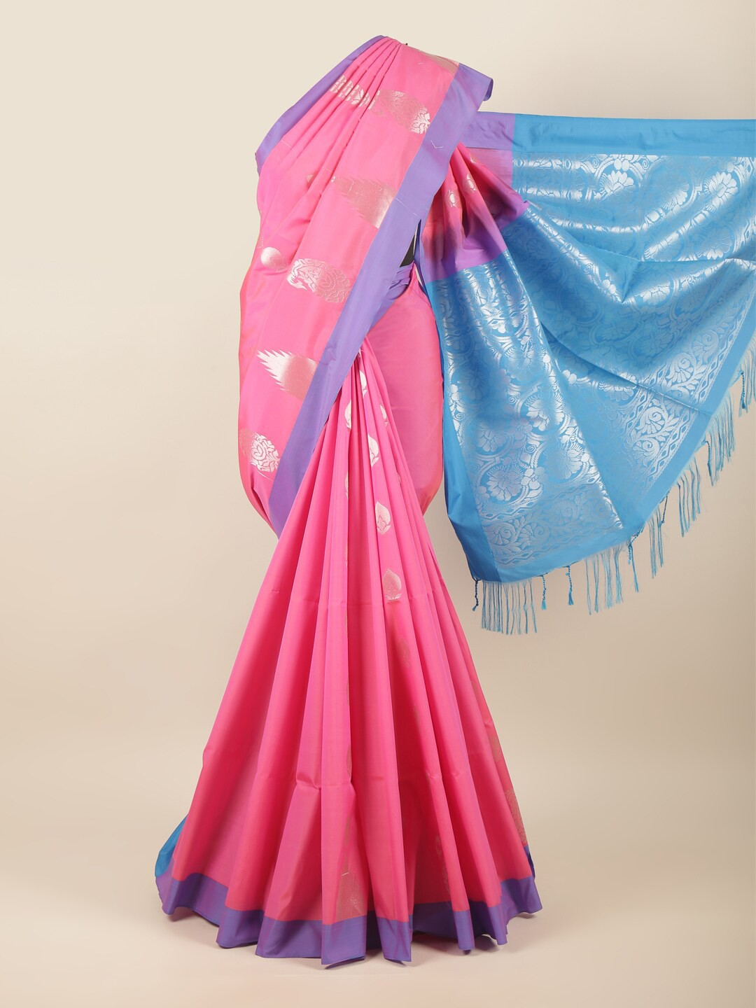 

Pothys Pink, Blue & Silver-Toned Ethnic Motifs Zari Art Silk Saree