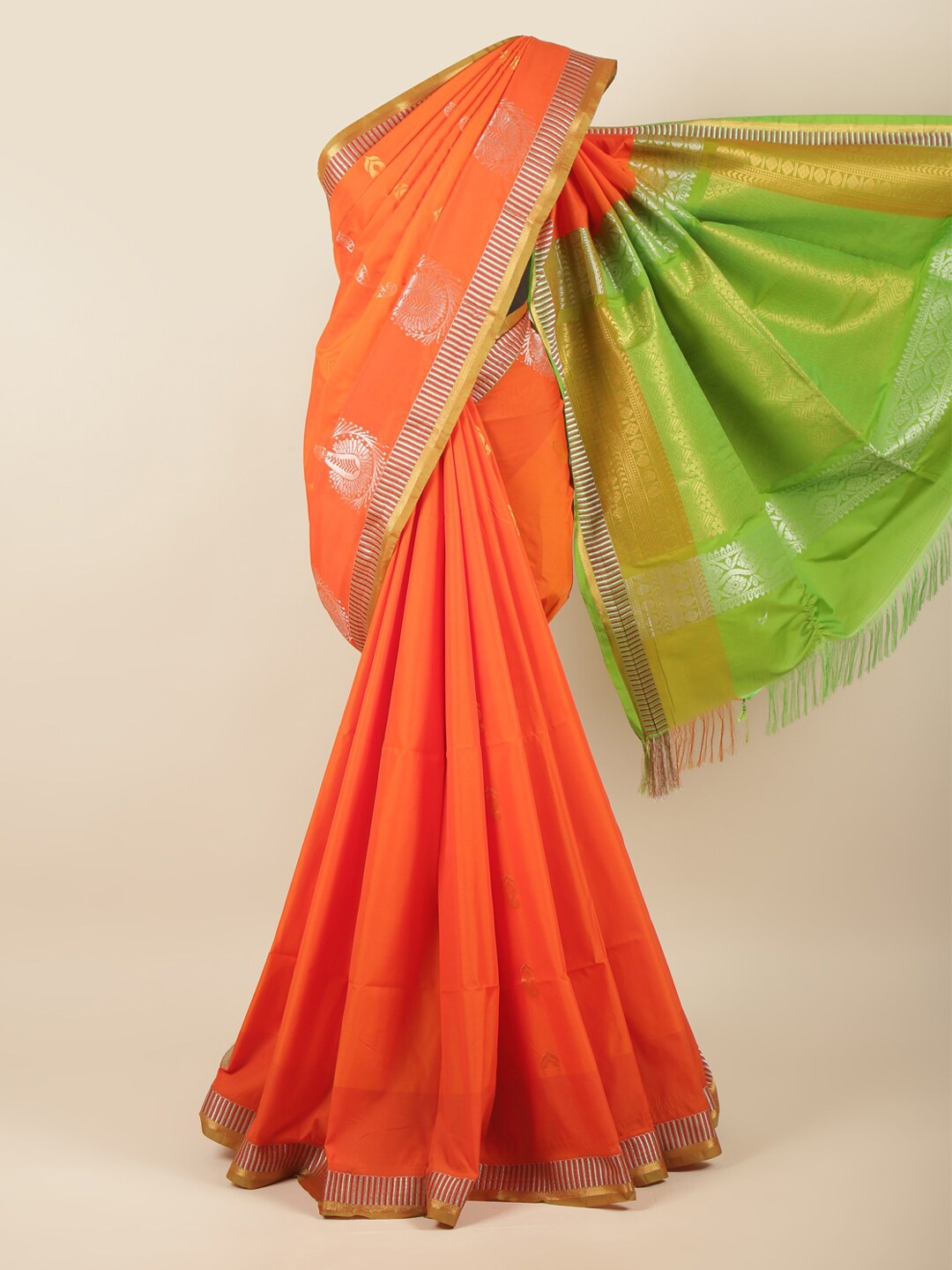 

Pothys Orange & Green Gold-Toned Woven Design Art Silk Saree