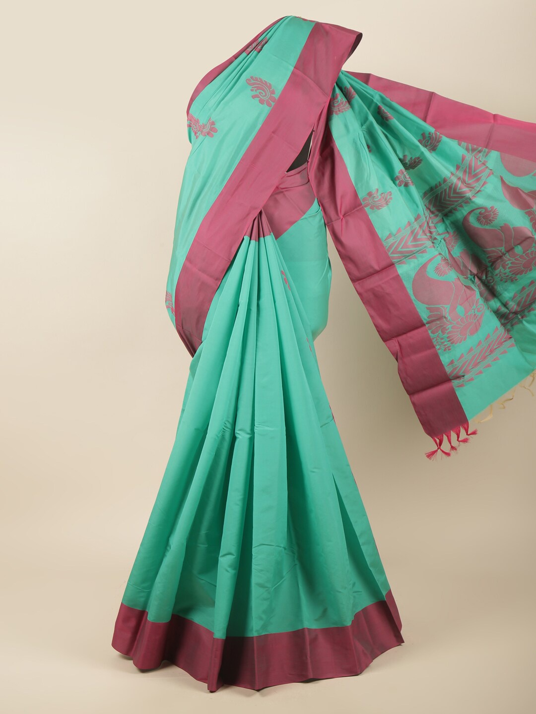 

Pothys Green & Magenta Ethnic Motif Woven Design Silk Cotton Saree