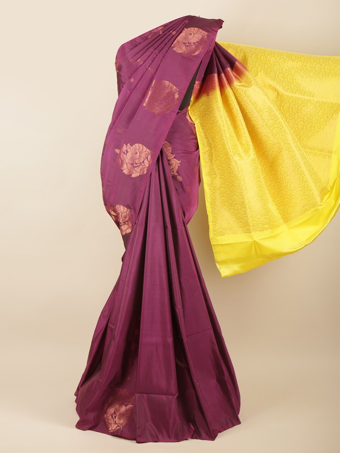 

Pothys Purple, Yellow & Copper-Toned Ethnic Motifs Zari Art Silk Saree