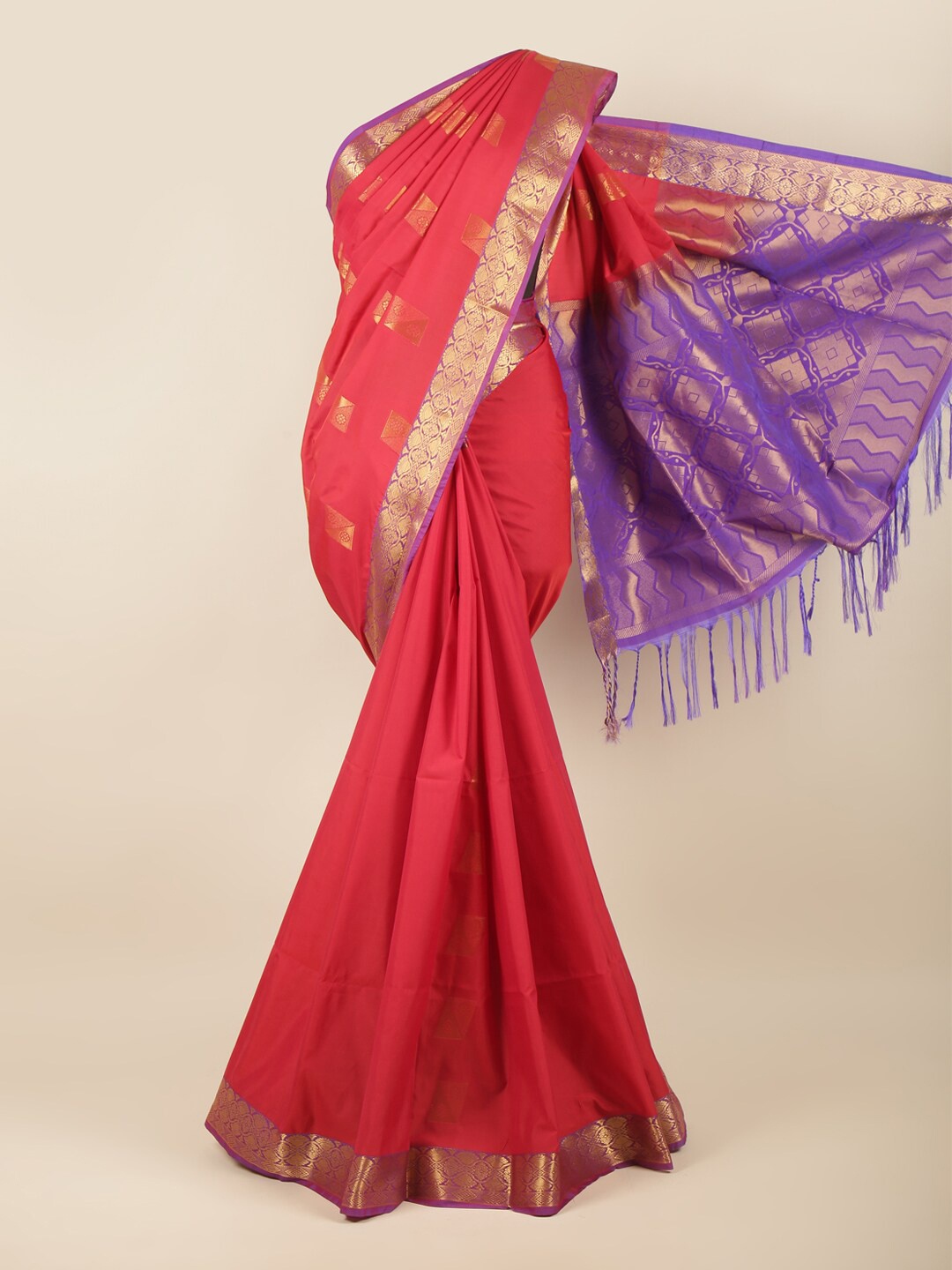 

Pothys Red & Purple Floral Zari Art Silk Saree
