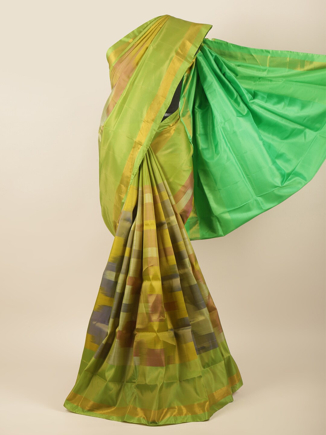 

Pothys Green & Brown Colourblocked Zari Art Silk Saree
