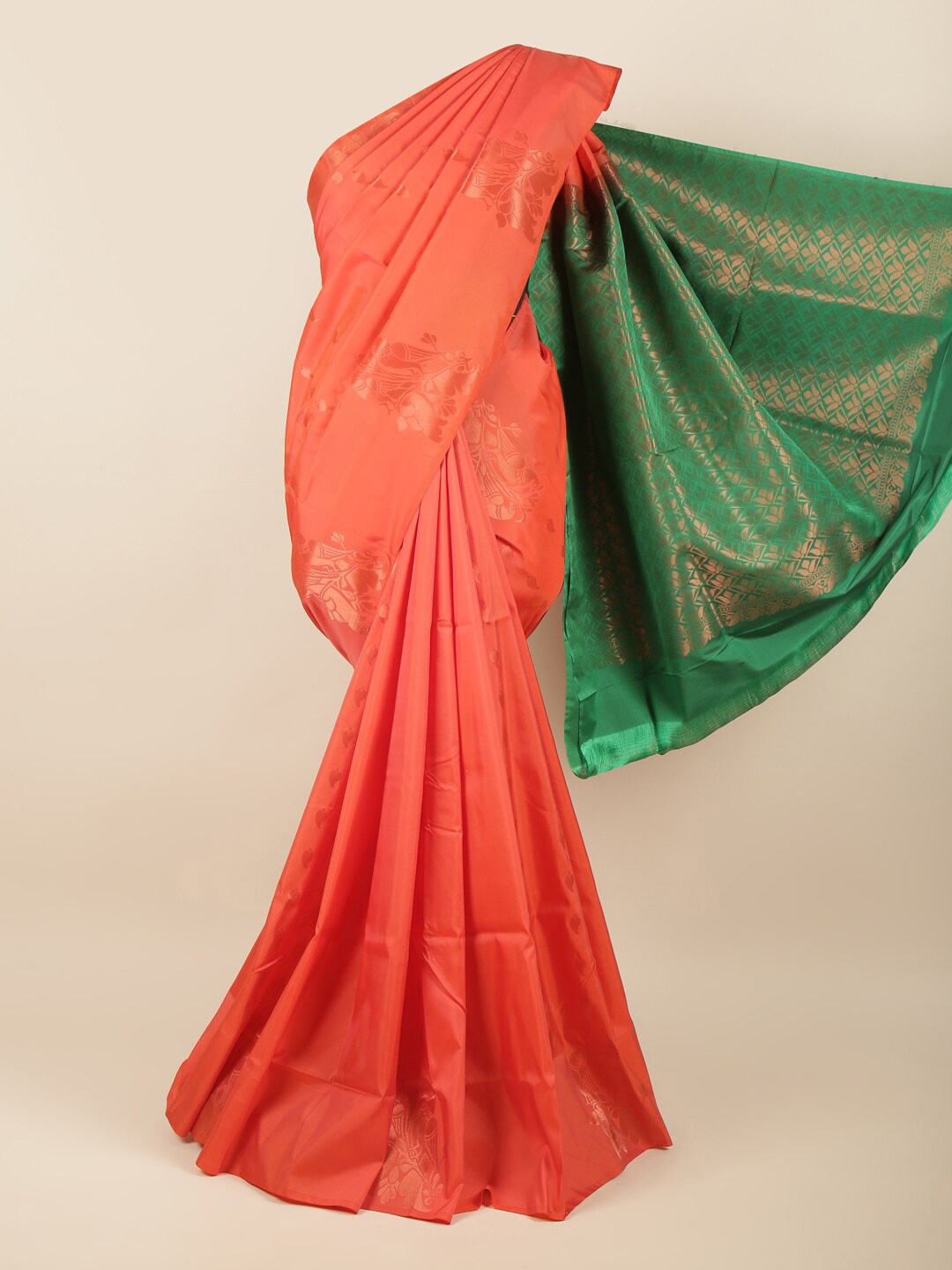 

Pothys Orange & Green Ethnic Motifs Zari Art Silk Saree