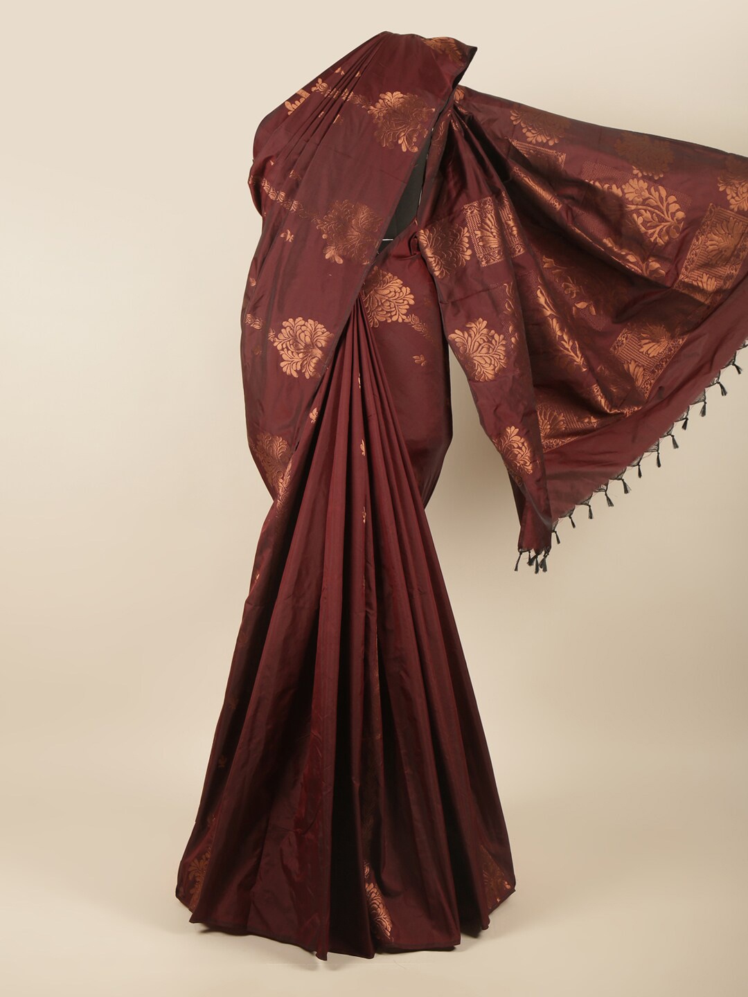 

Pothys Maroon & Copper-Toned Floral Zari Silk Cotton Saree