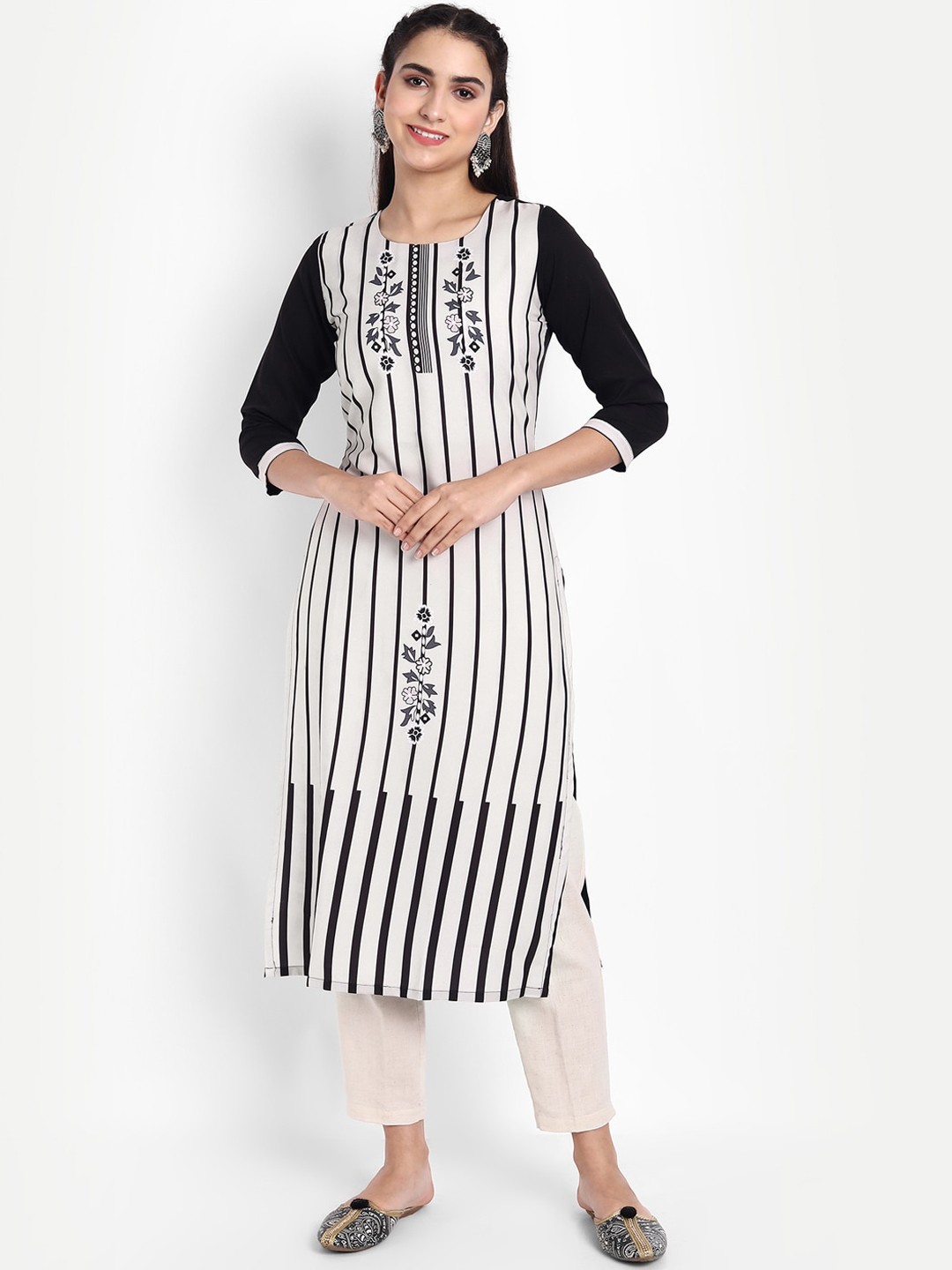 

Ethnic basket Women Off White Striped Thread Work Floral Crepe Kurta