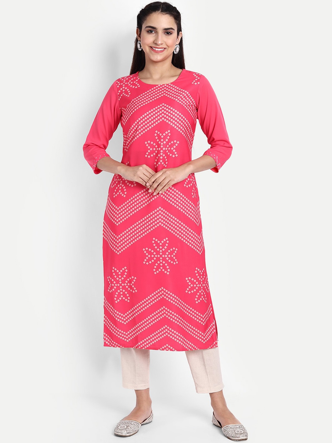 

Ethnic basket Women Pink Geometric Printed Floral Crepe Kurta