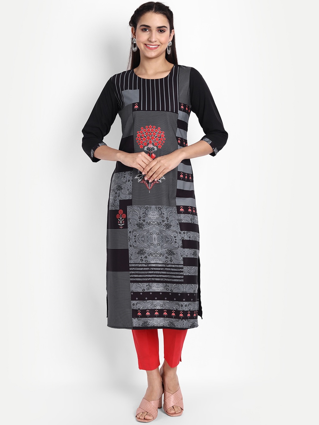 

Ethnic basket Women Black Floral Printed Floral Crepe Kurta