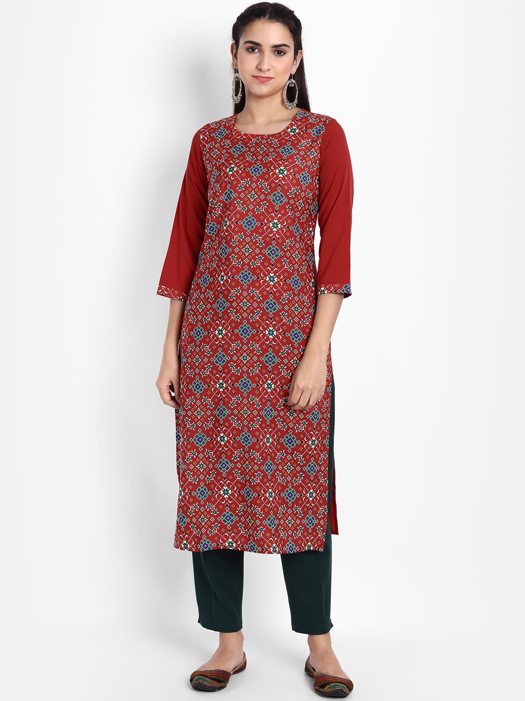 

Ethnic basket Women Red Ethnic Motifs Digital Printed Floral Crepe Kurta