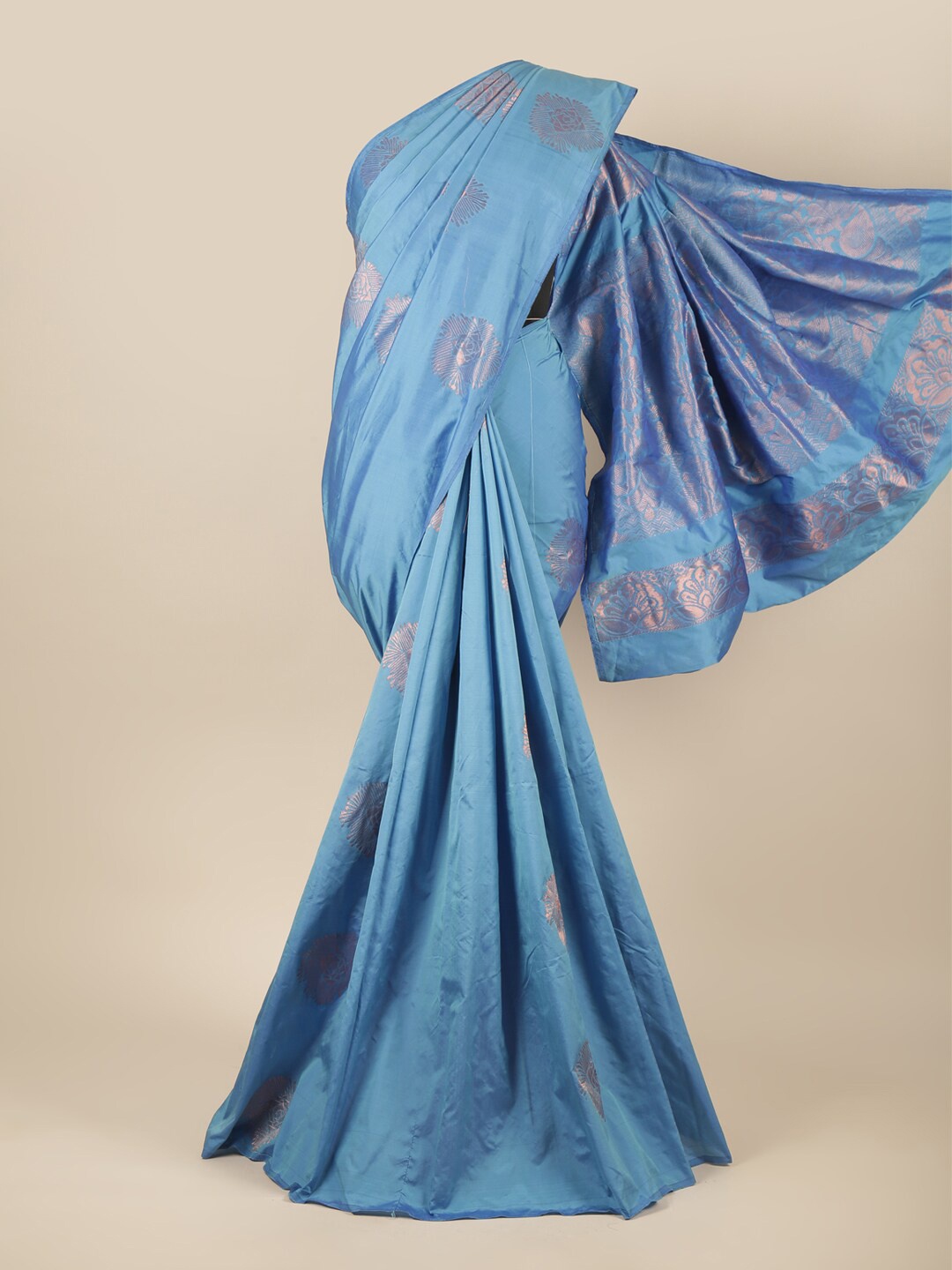 

Pothys Blue & Copper-Toned Ethnic Motifs Zari Silk Cotton Saree