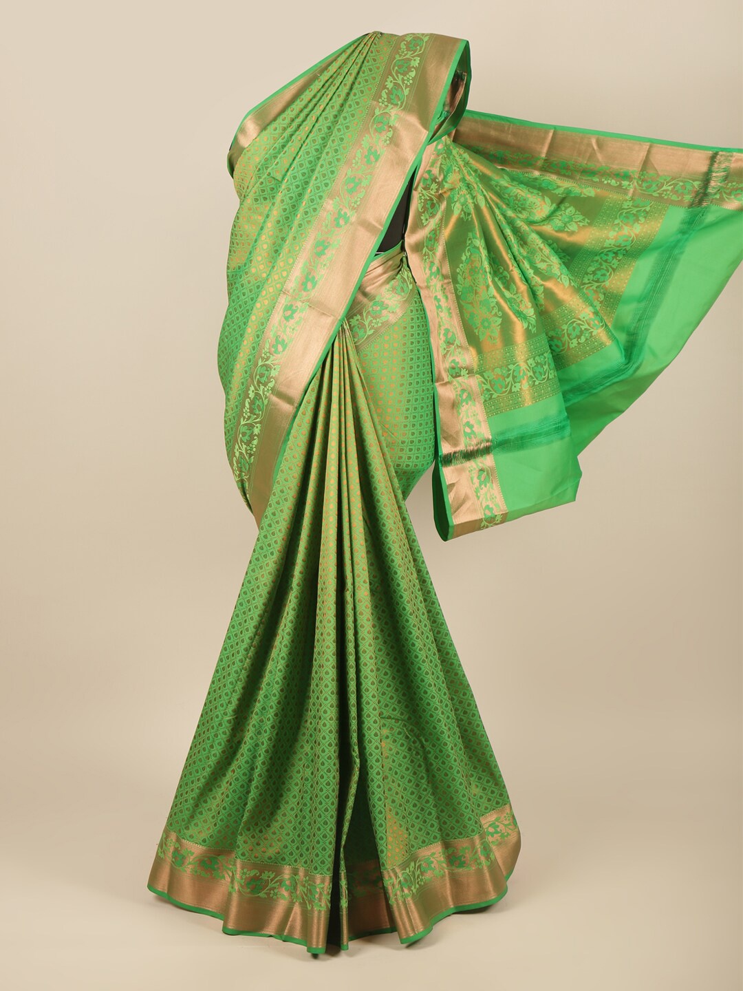 

Pothys Green & Gold-Toned Ethnic Motifs Zari Pure Silk Saree