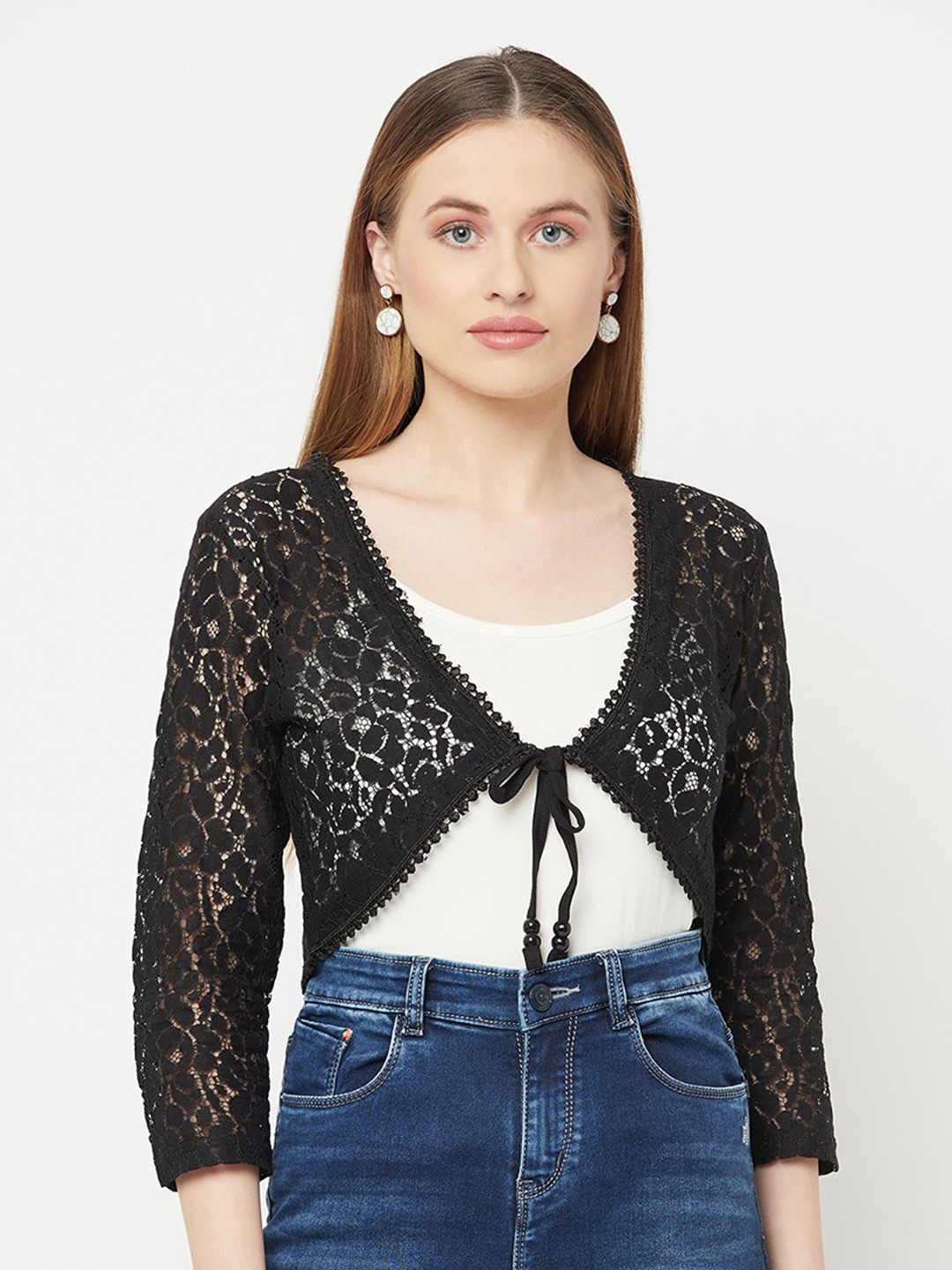 

Espresso Women Black Tie-Up Lace Shrug