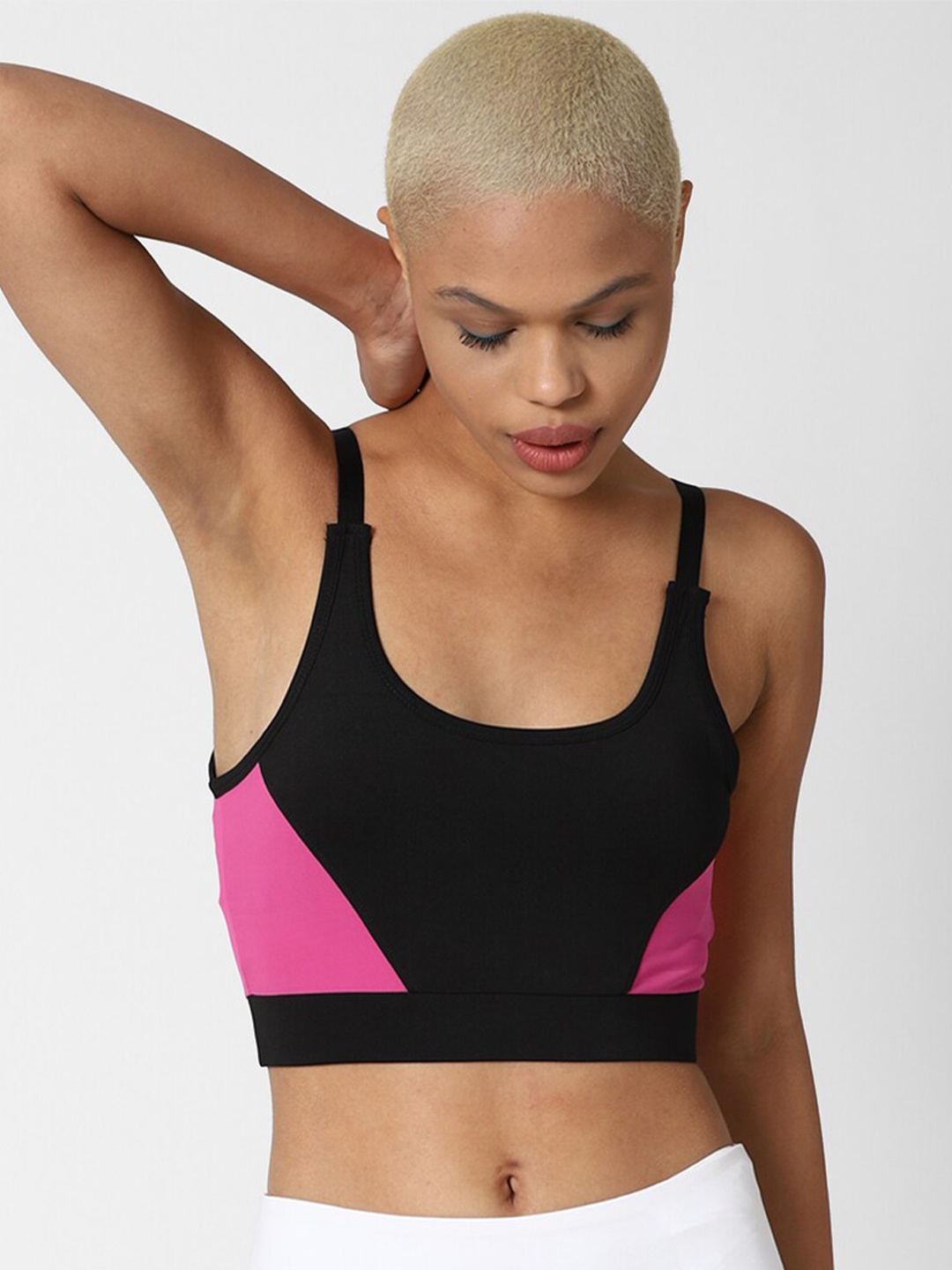 

FOREVER 21 Women Black & Pink Colourblocked Spaghetti Strap Regular Fit Active Bra