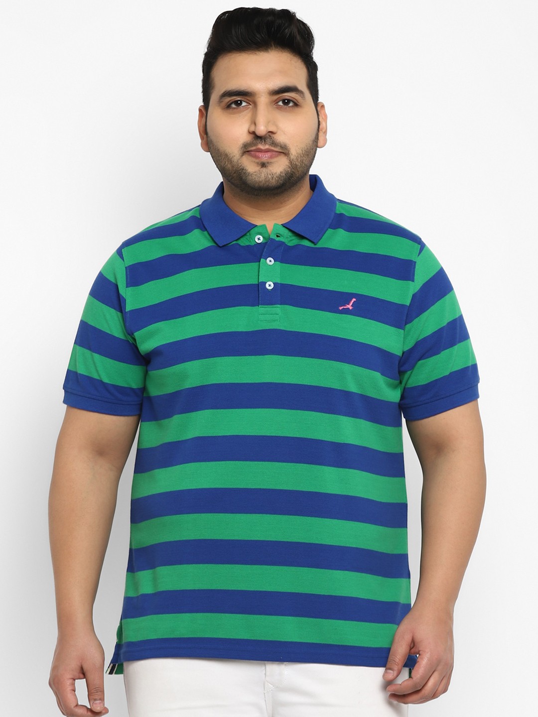 

American Crew Plus Men Green & Blue Striped Polo Collar T-shirt