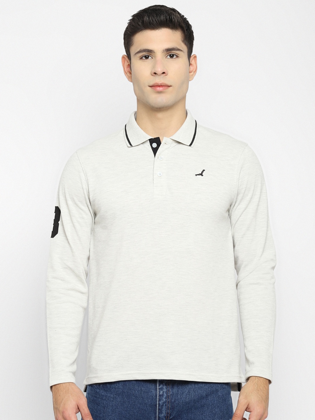 

American Crew Men Cream-Coloured & Navy Blue Polo Collar T-shirt