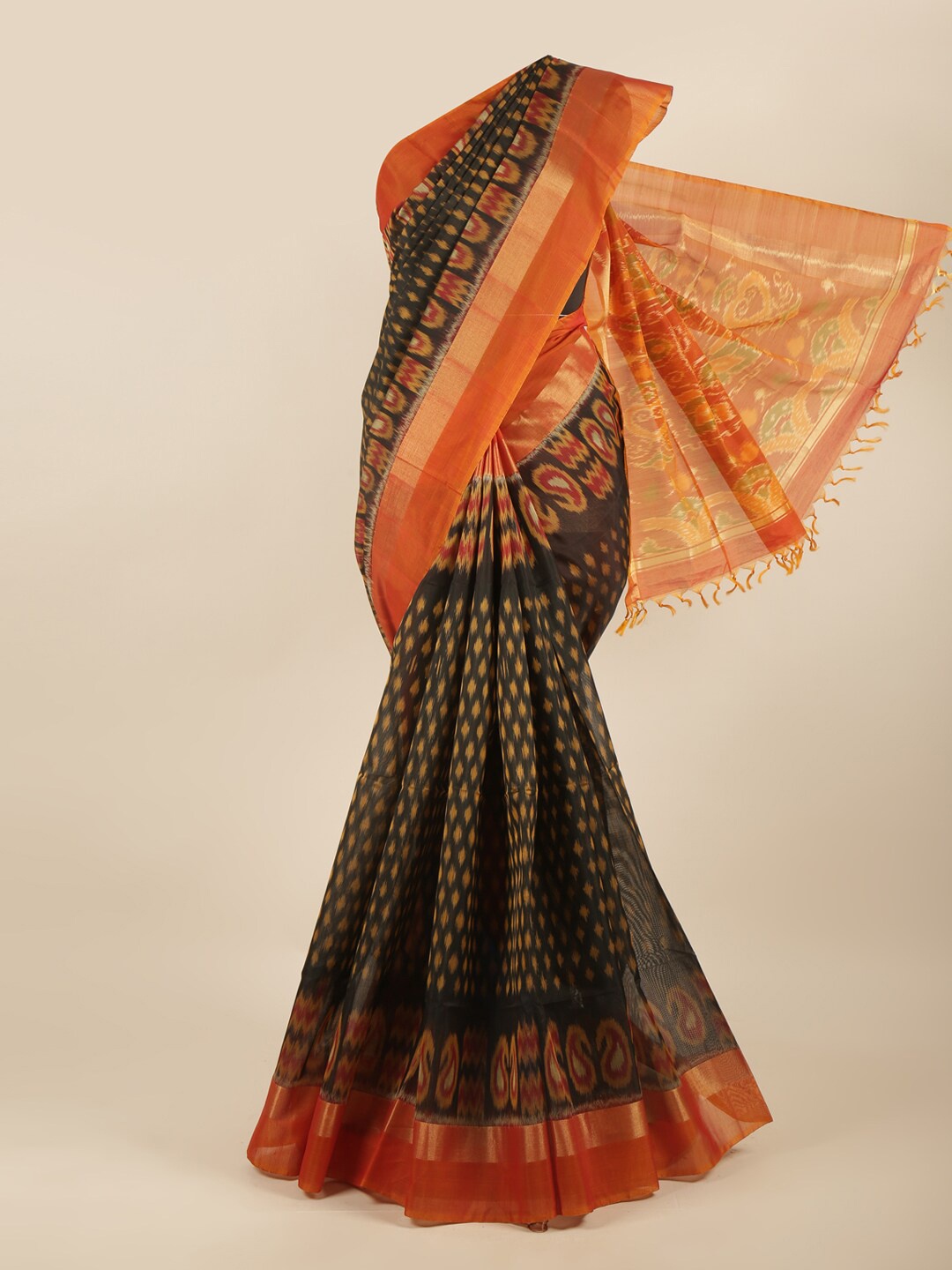 

Pothys Black & Orange Ethnic Motifs Zari Silk Cotton Saree