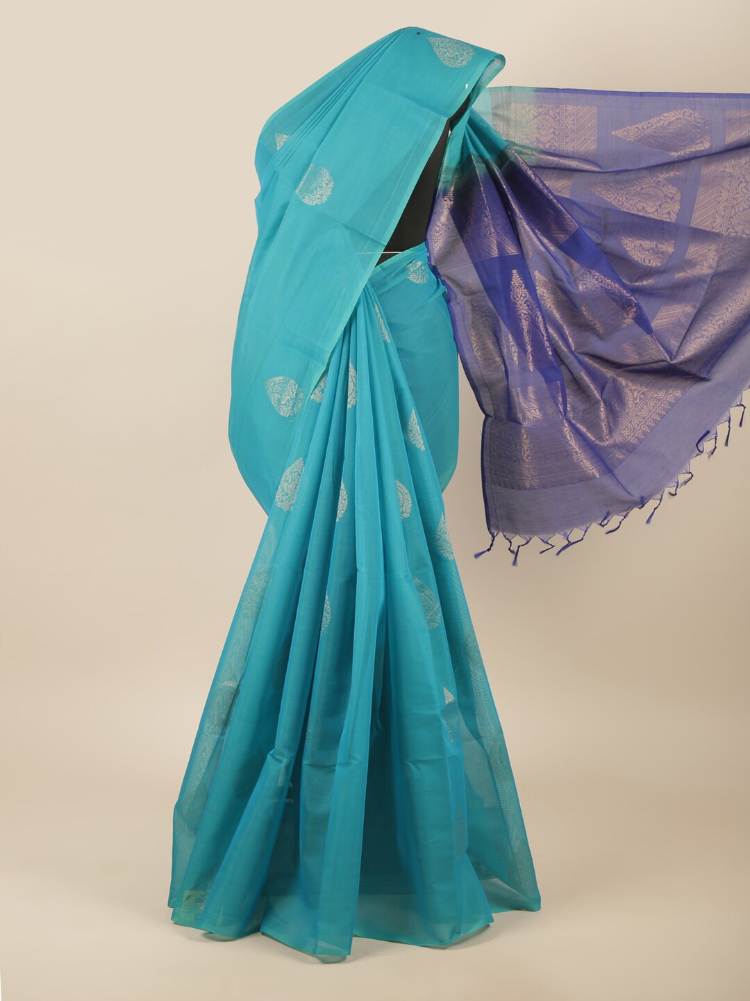 

Pothys Blue & Gold-Toned Ethnic Motifs Silk Cotton Saree