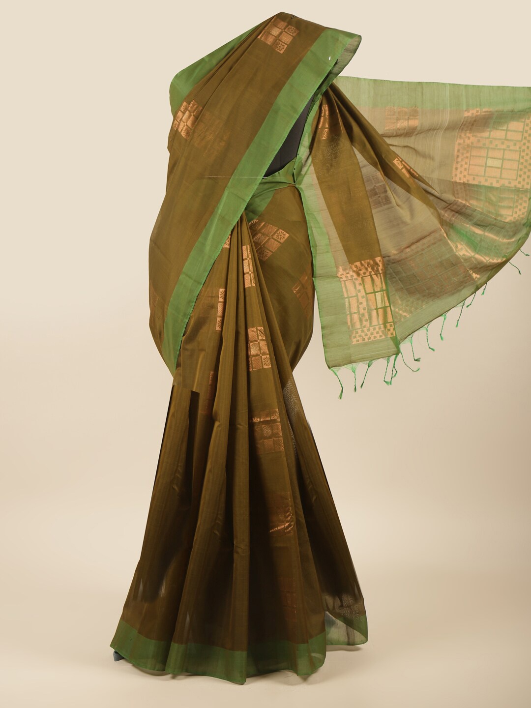 

Pothys Olive Green & Gold-Toned Woven Design Zari Silk Cotton Saree