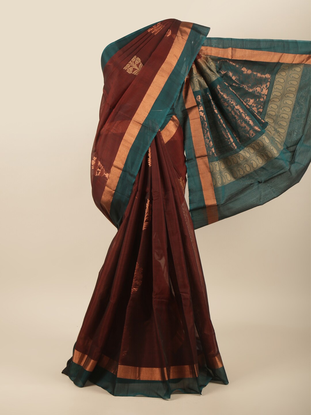 

Pothys Maroon & Teal Ethnic Motifs Zari Silk Cotton Saree